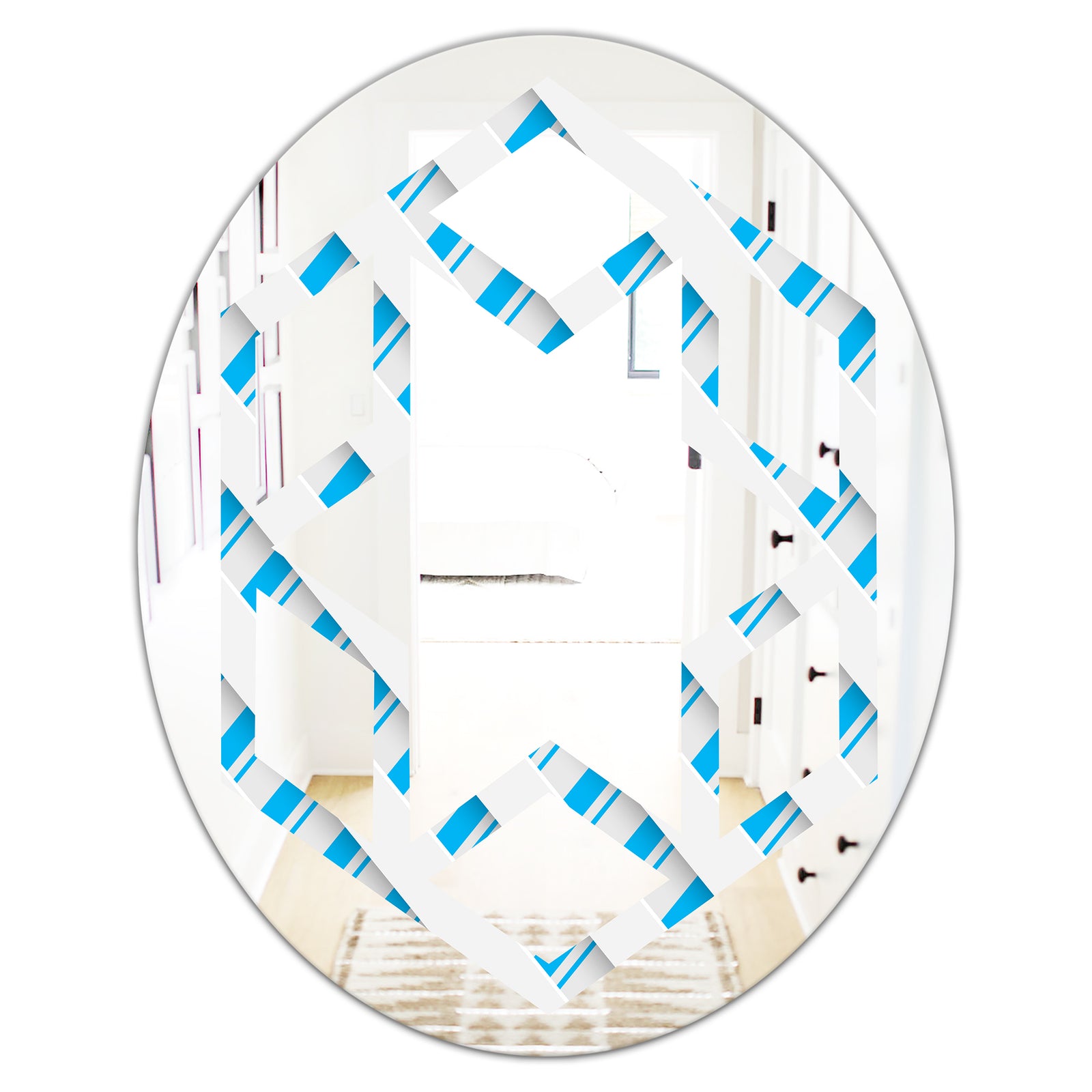 3D White and Blue Pattern VI - Modern Round or Oval Wall Mirror - Hexagon Star