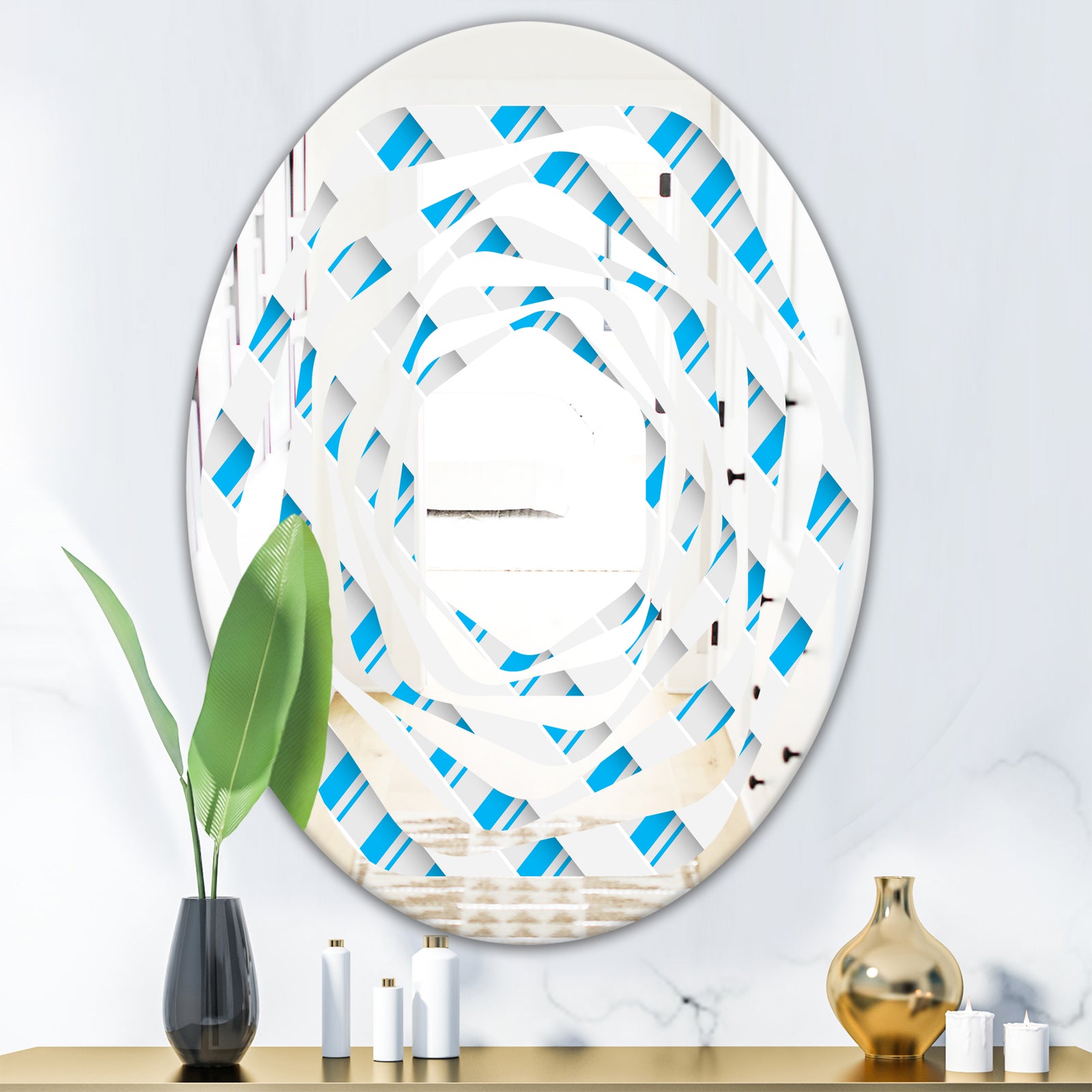 3D White and Blue Pattern VI - Modern Round or Oval Wall Mirror - Whirl