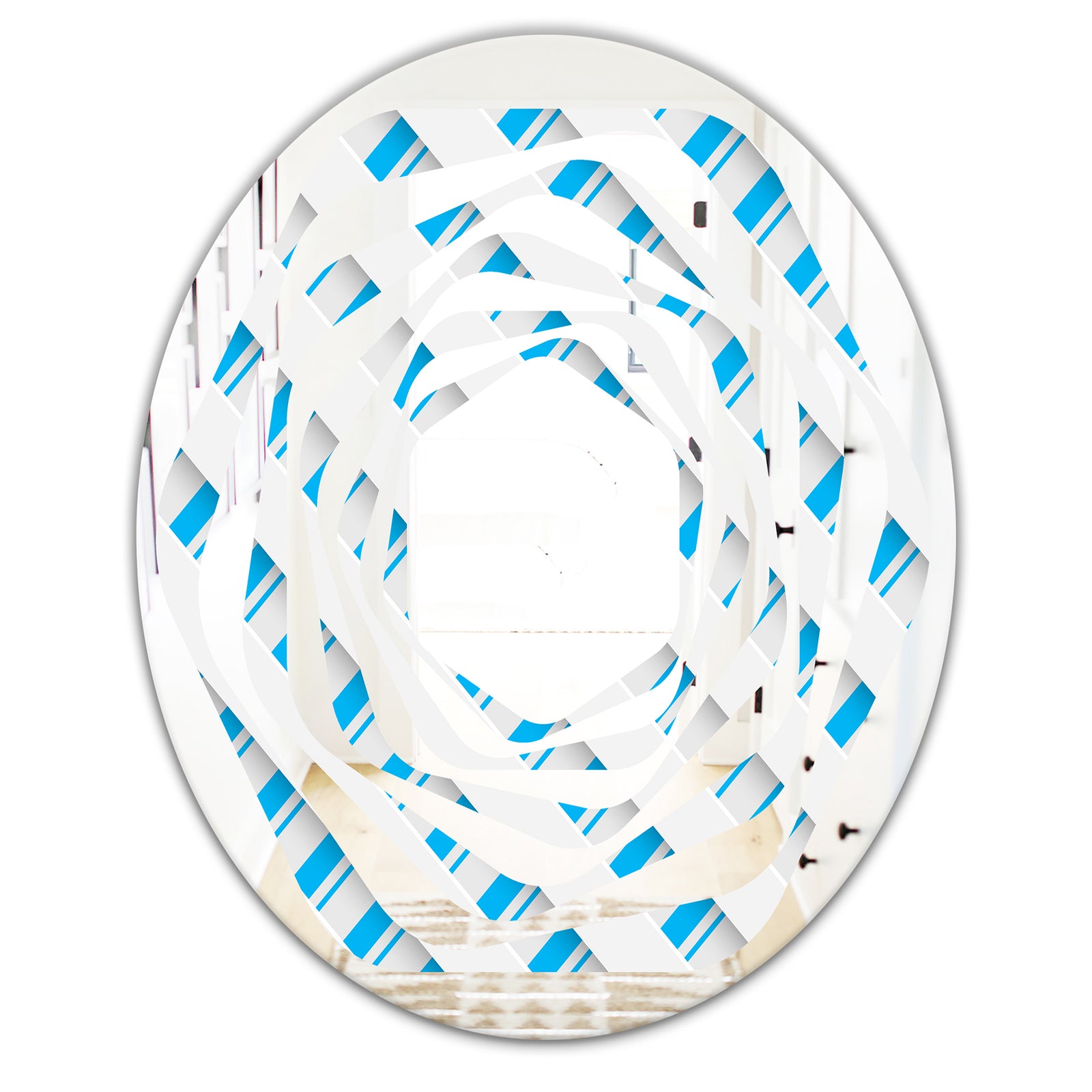 3D White and Blue Pattern VI - Modern Round or Oval Wall Mirror - Whirl