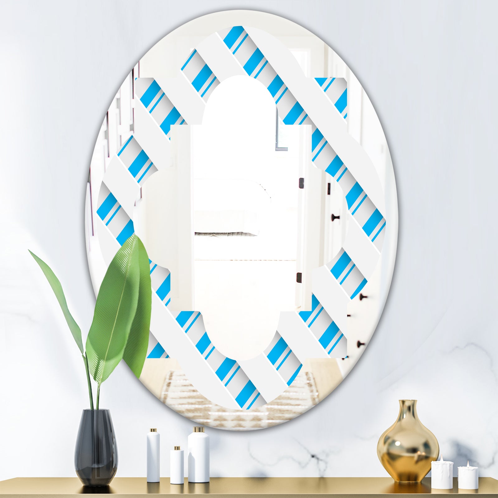 3D White and Blue Pattern VI - Modern Round or Oval Wall Mirror - Quatrefoil