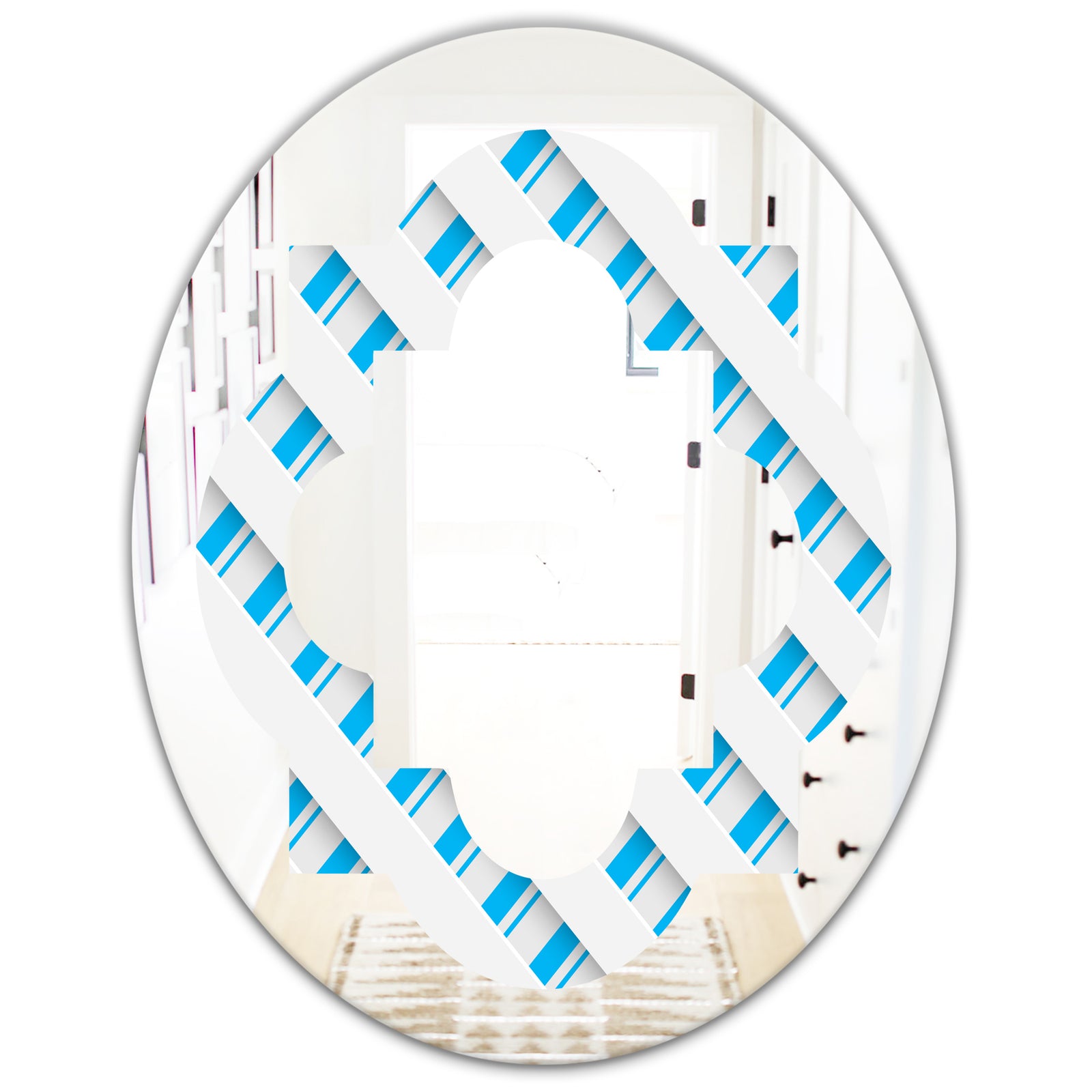 3D White and Blue Pattern VI - Modern Round or Oval Wall Mirror - Quatrefoil