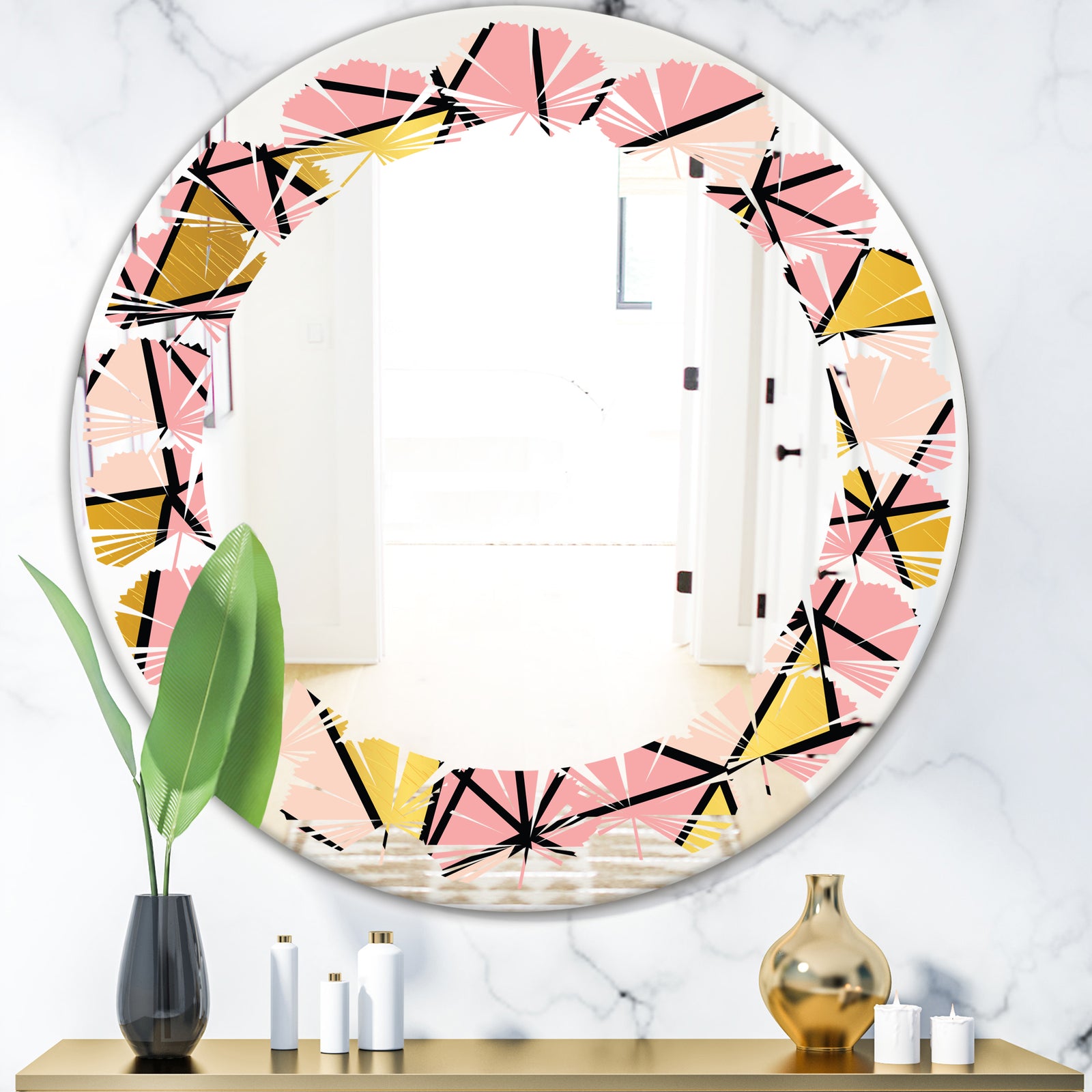 Triangular Gold Design II - Modern Round or Oval Wall Mirror - Leaves