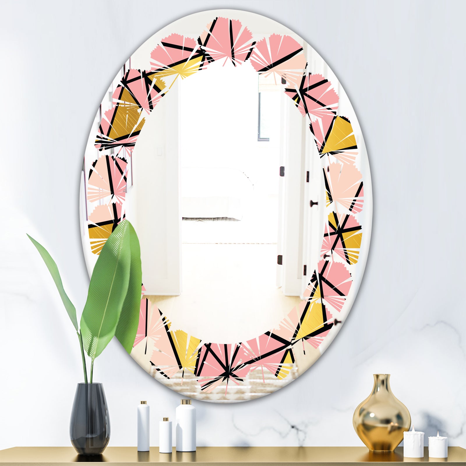 Triangular Gold Design II - Modern Round or Oval Wall Mirror - Leaves