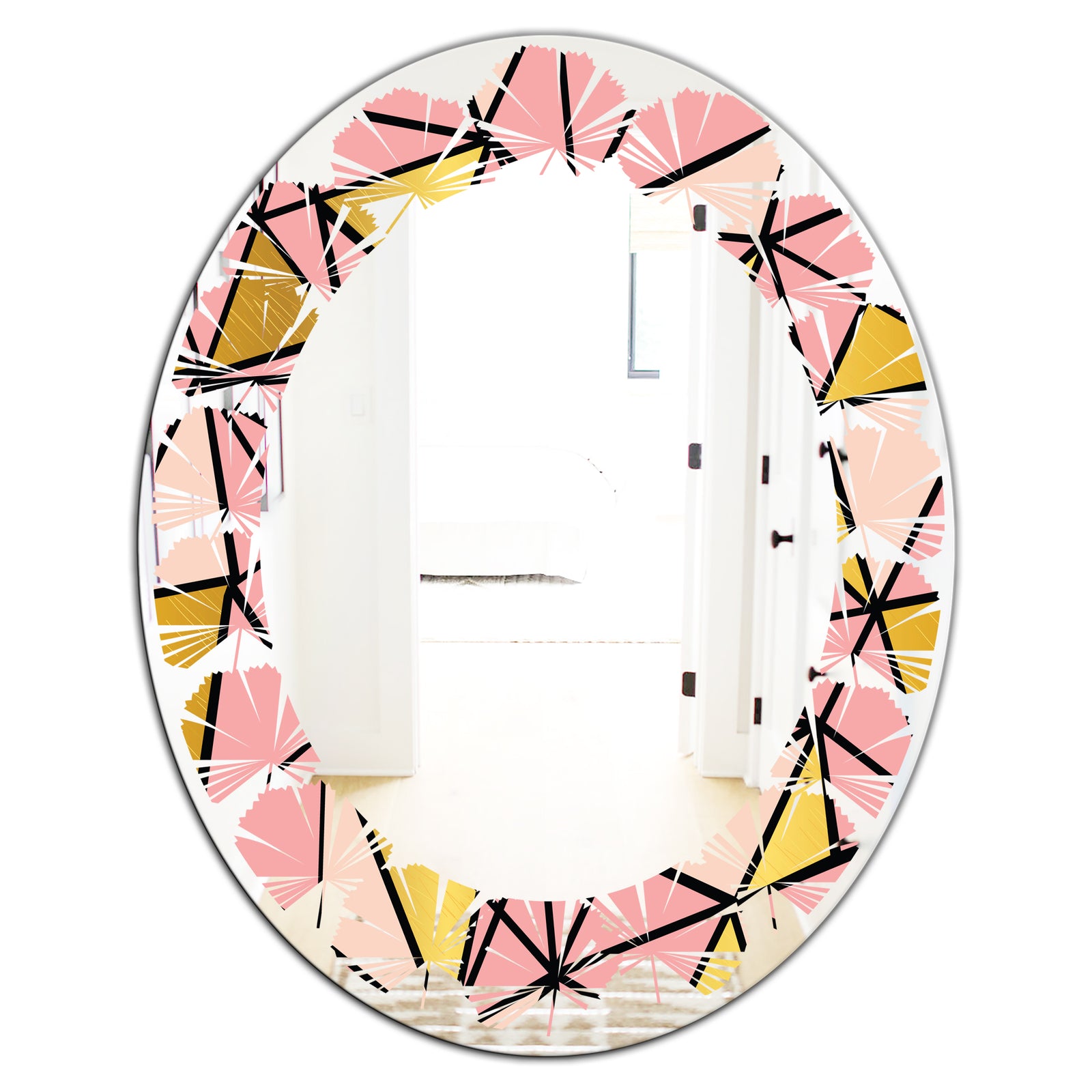 Triangular Gold Design II - Modern Round or Oval Wall Mirror - Leaves