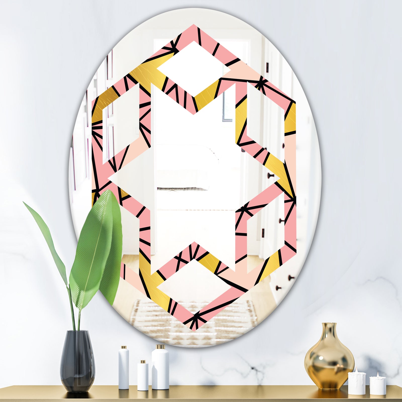 Triangular Gold Design II - Modern Round or Oval Wall Mirror - Hexagon Star