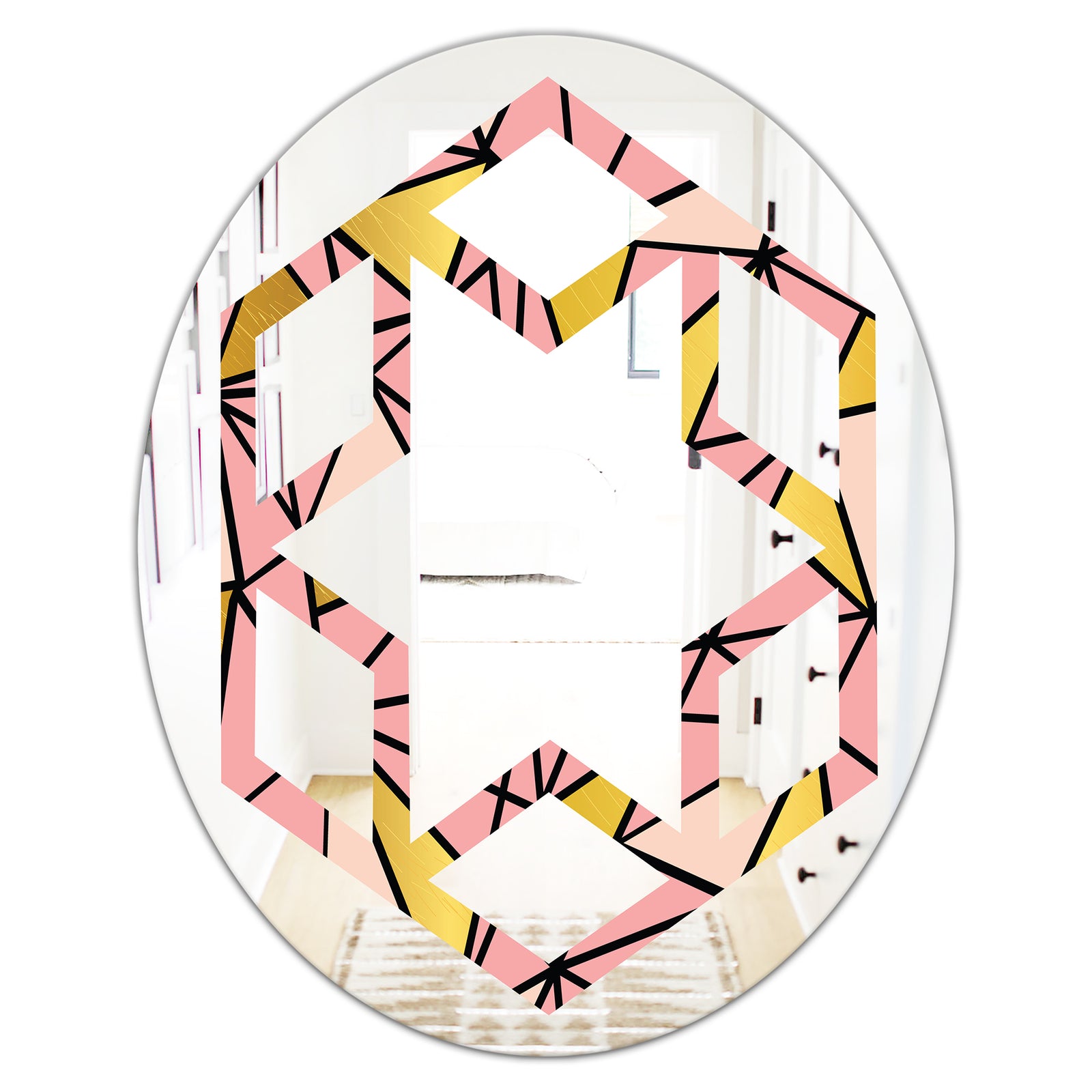 Triangular Gold Design II - Modern Round or Oval Wall Mirror - Hexagon Star