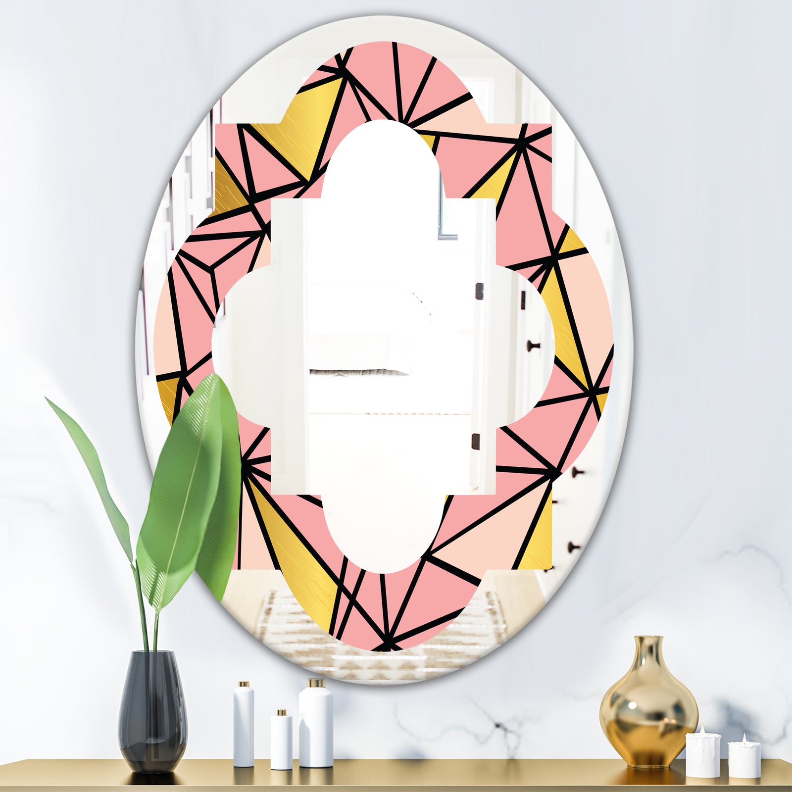 Triangular Gold Design II - Modern Round or Oval Wall Mirror - Quatrefoil