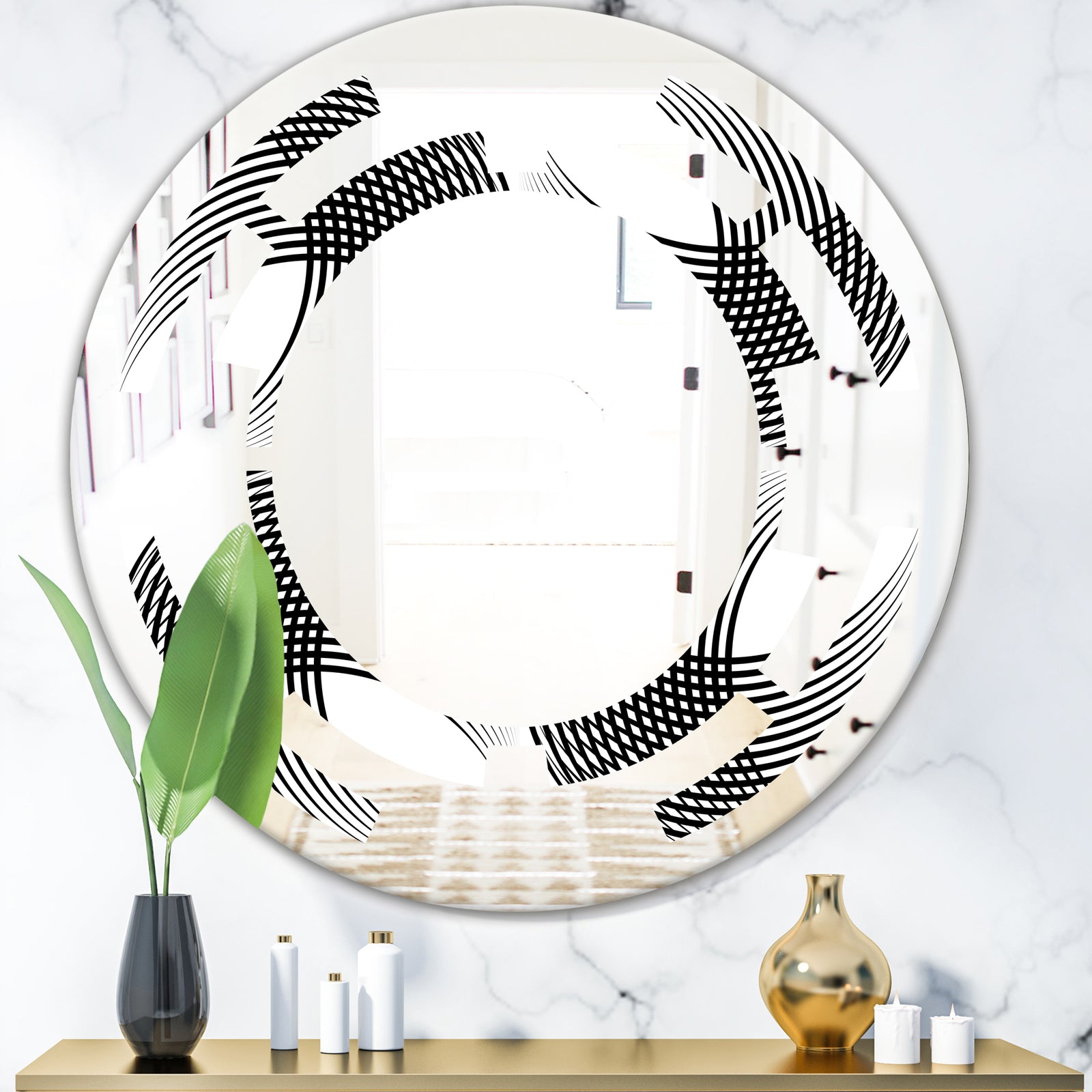 Monochrome Geometric Pattern IX - Modern Round or Oval Wall Mirror - Space