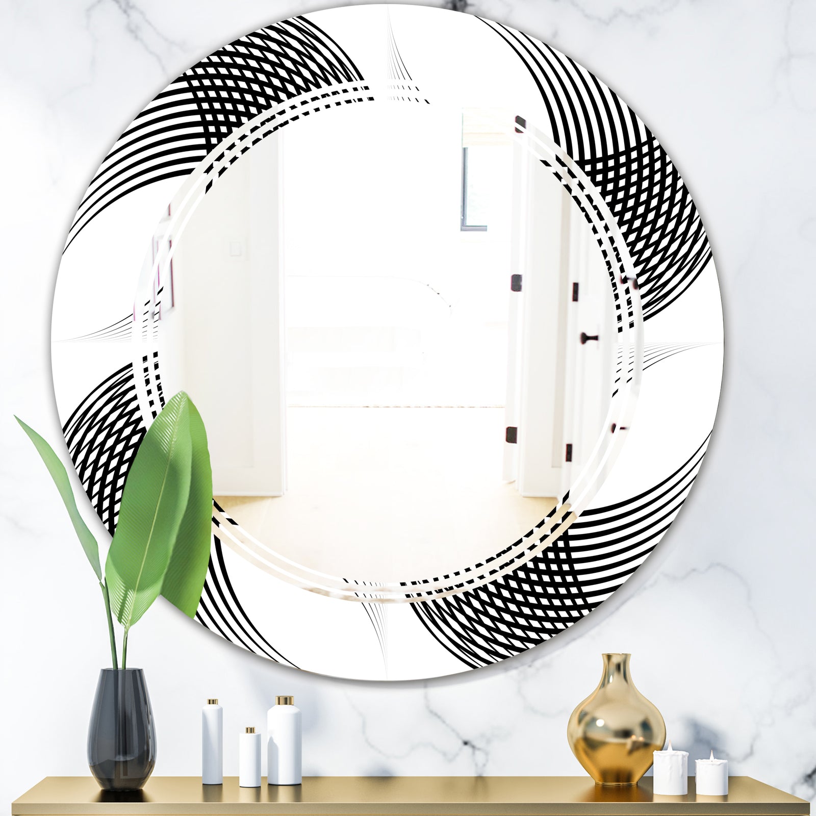 Monochrome Geometric Pattern IX - Modern Round or Oval Wall Mirror - Triple C