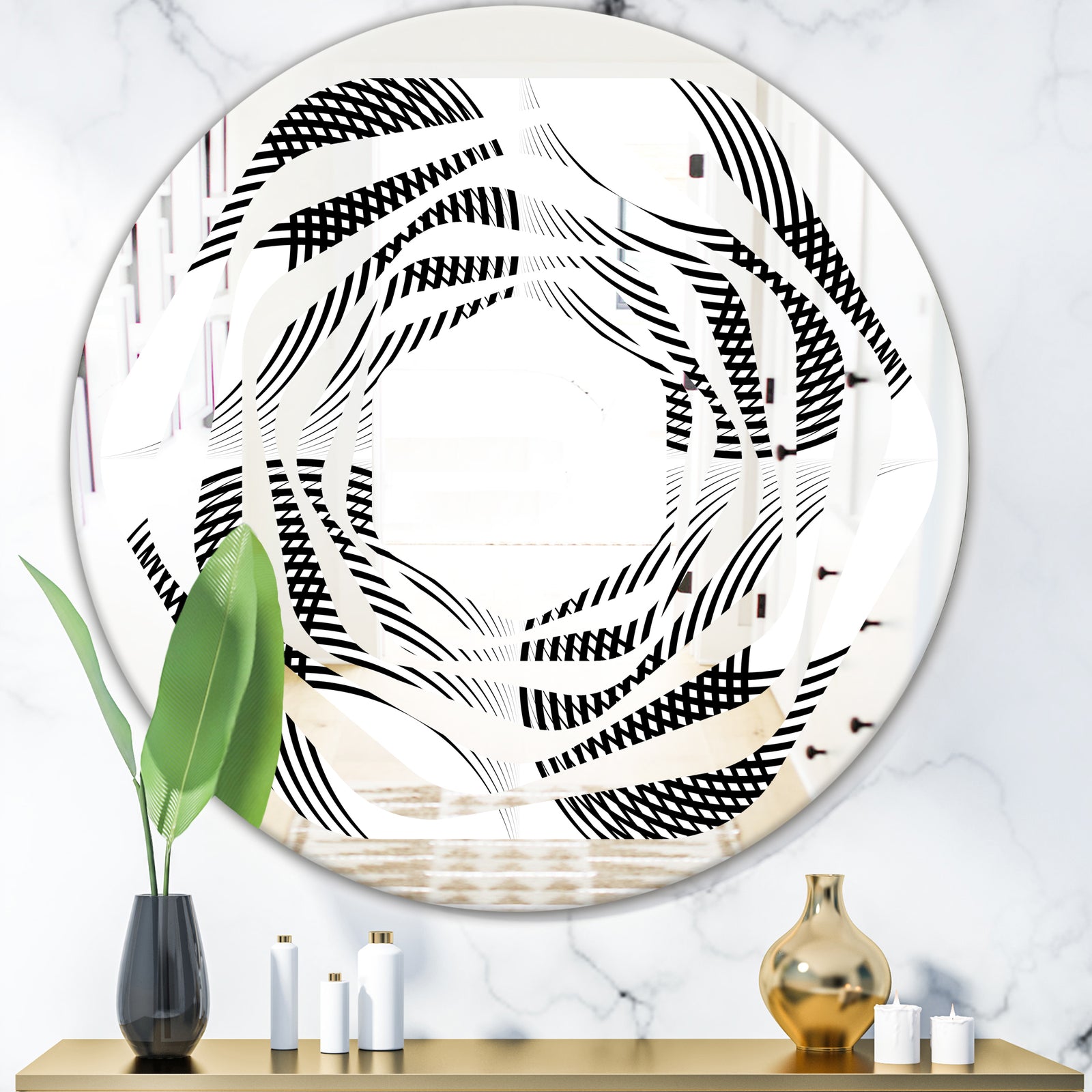 Monochrome Geometric Pattern IX - Modern Round or Oval Wall Mirror - Whirl