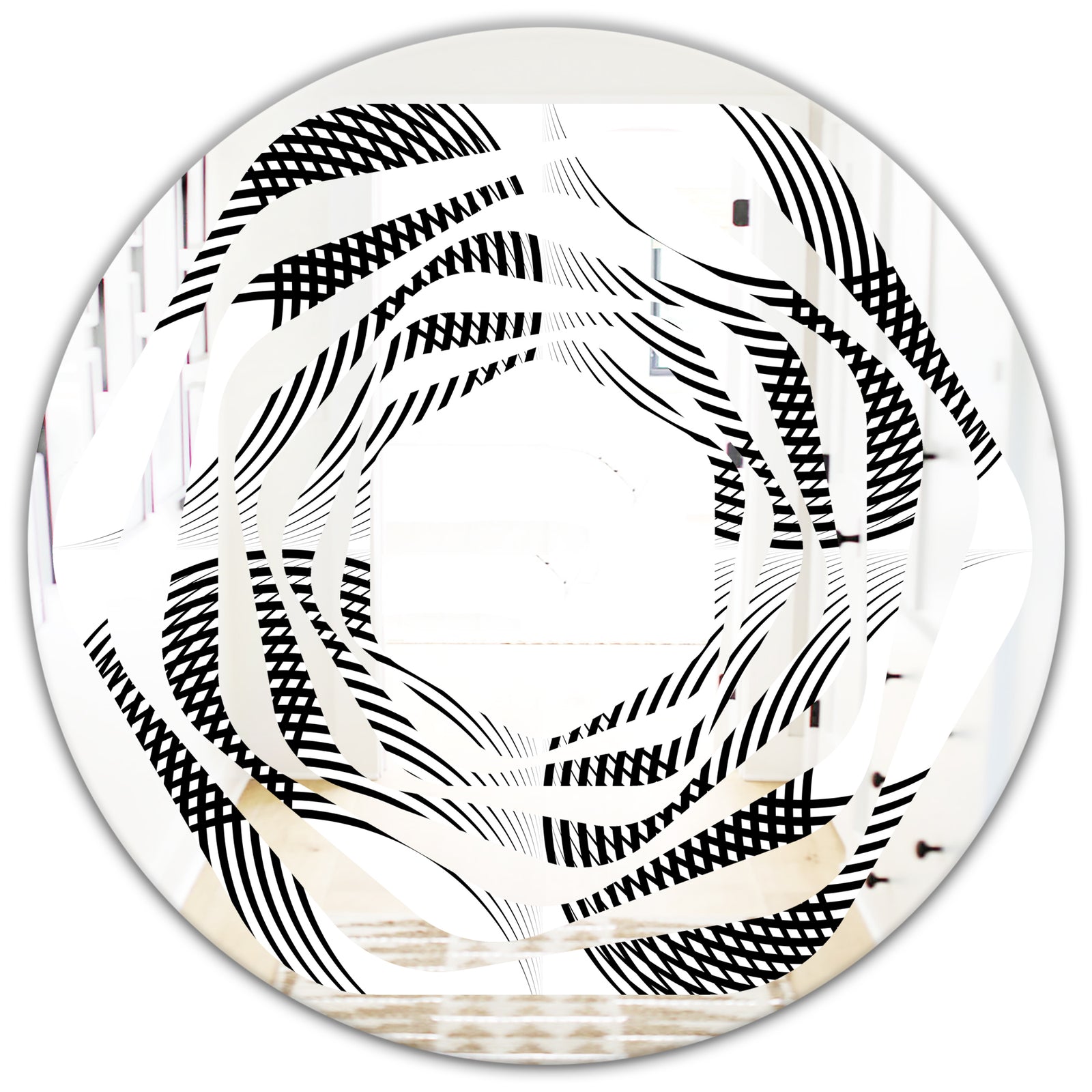 Monochrome Geometric Pattern IX - Modern Round or Oval Wall Mirror - Whirl