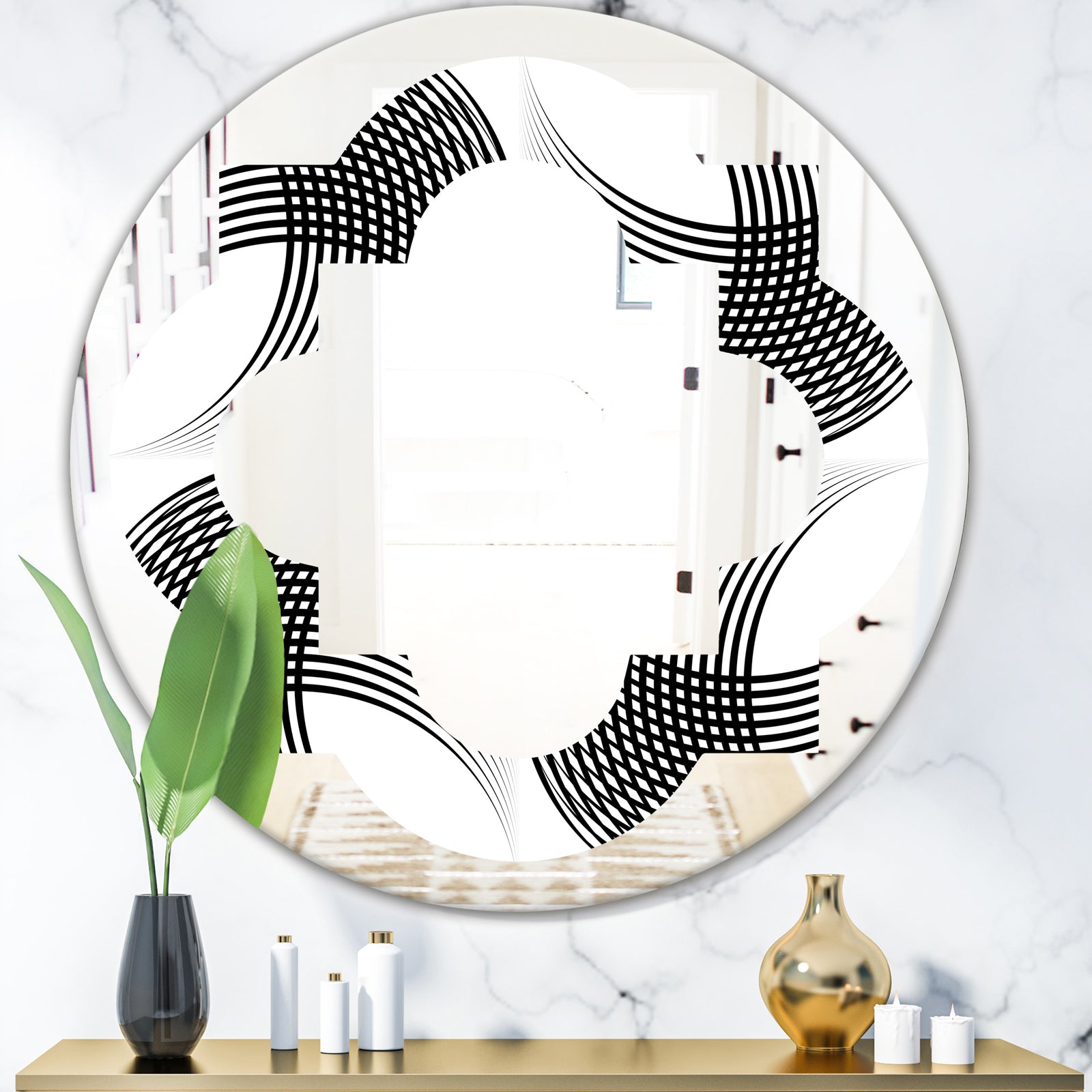 Monochrome Geometric Pattern IX - Modern Round or Oval Wall Mirror - Quatrefoil