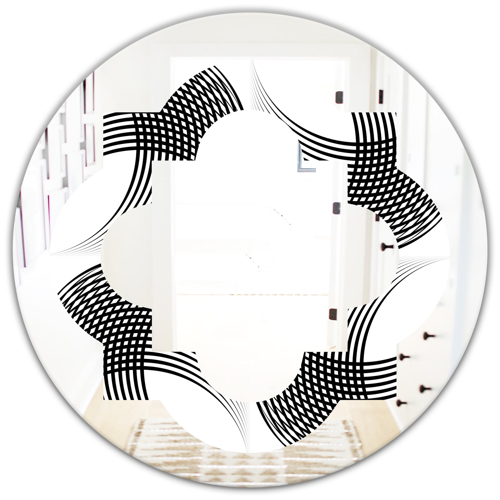 Monochrome Geometric Pattern IX - Modern Round or Oval Wall Mirror - Quatrefoil