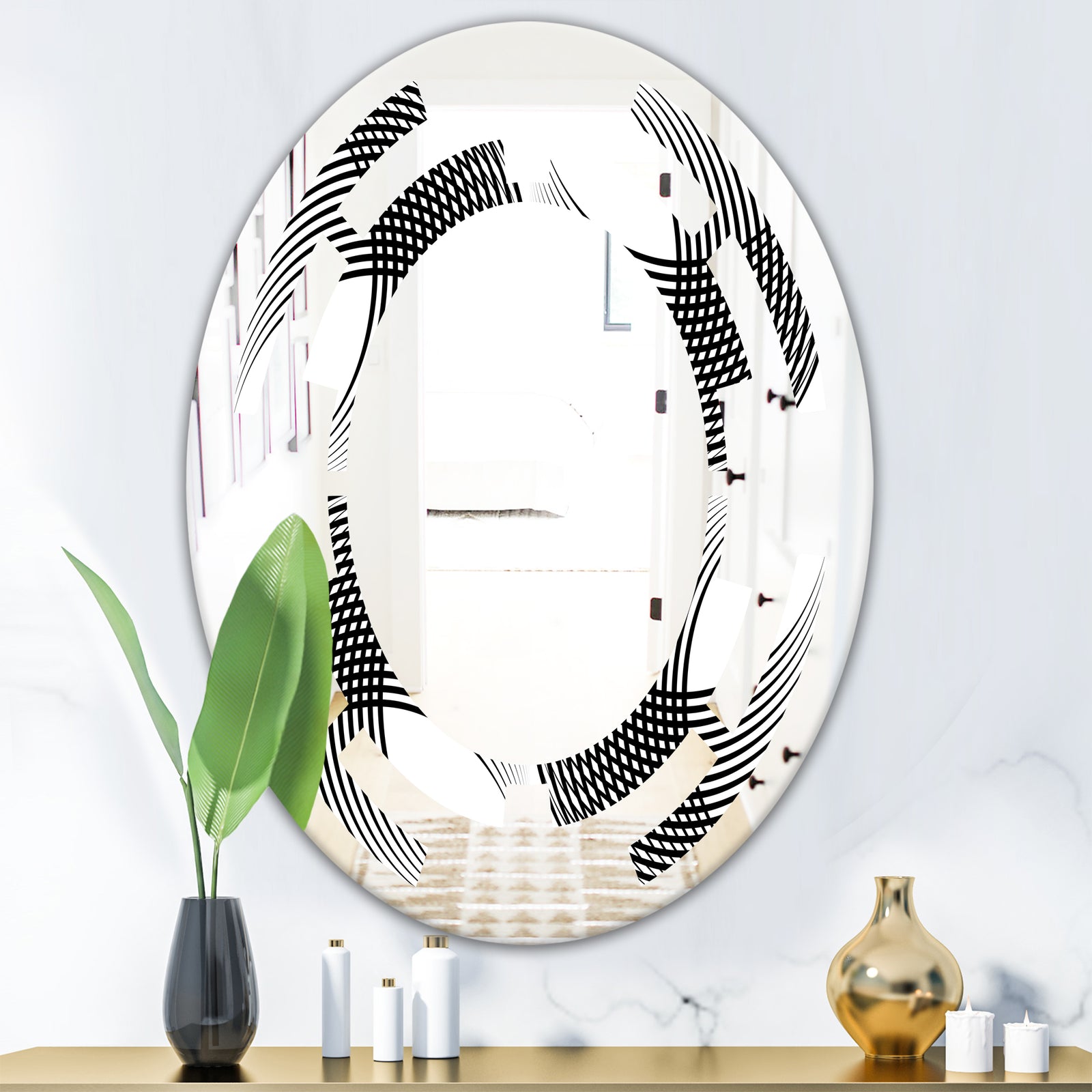 Monochrome Geometric Pattern IX - Modern Round or Oval Wall Mirror - Space