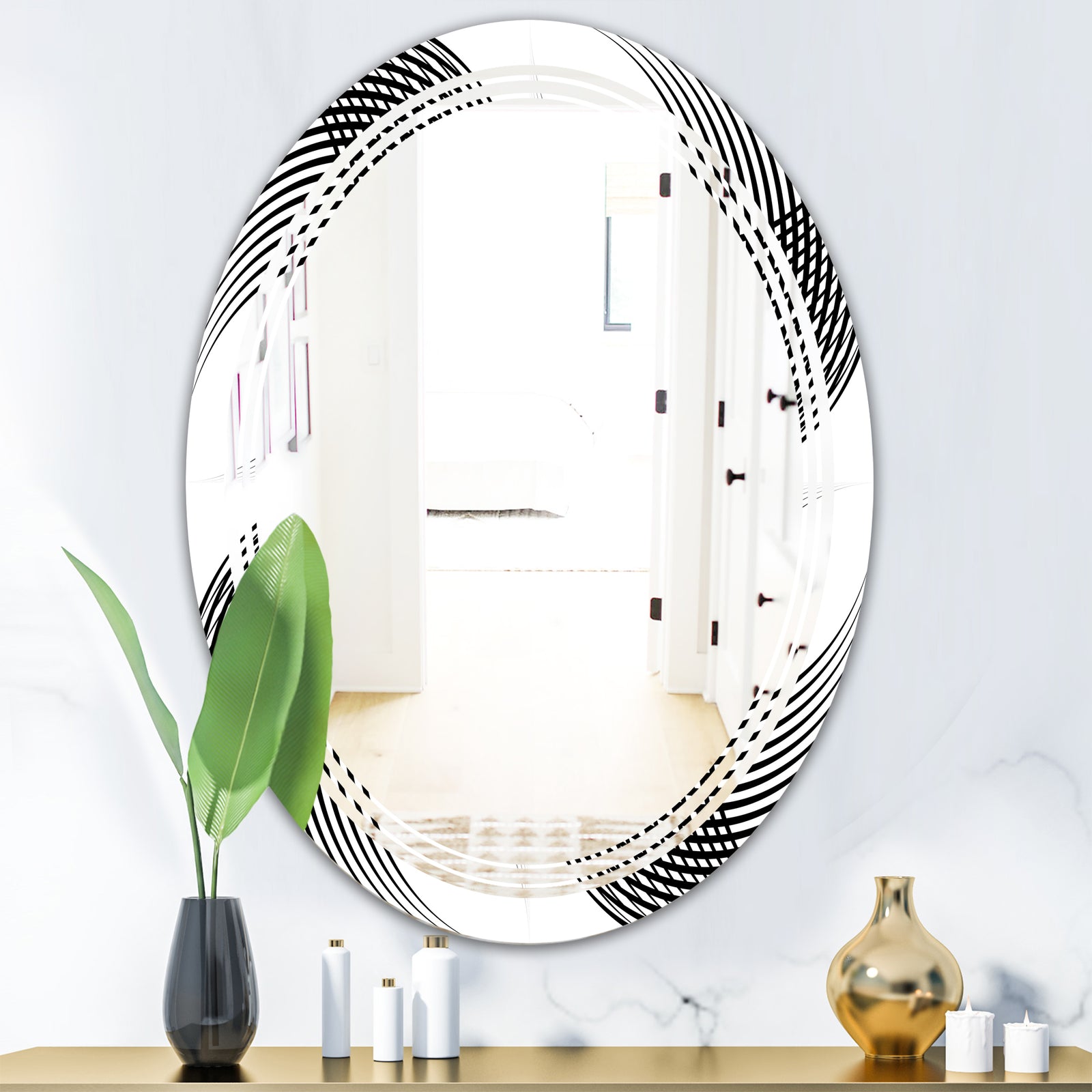 Monochrome Geometric Pattern IX - Modern Round or Oval Wall Mirror - Triple C