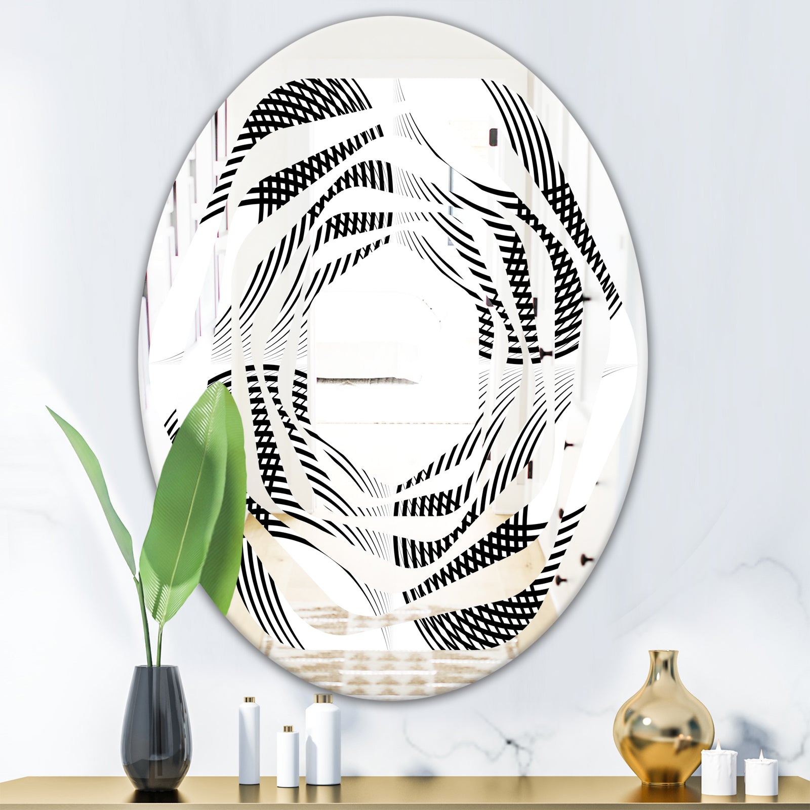 Monochrome Geometric Pattern IX - Modern Round or Oval Wall Mirror - Whirl