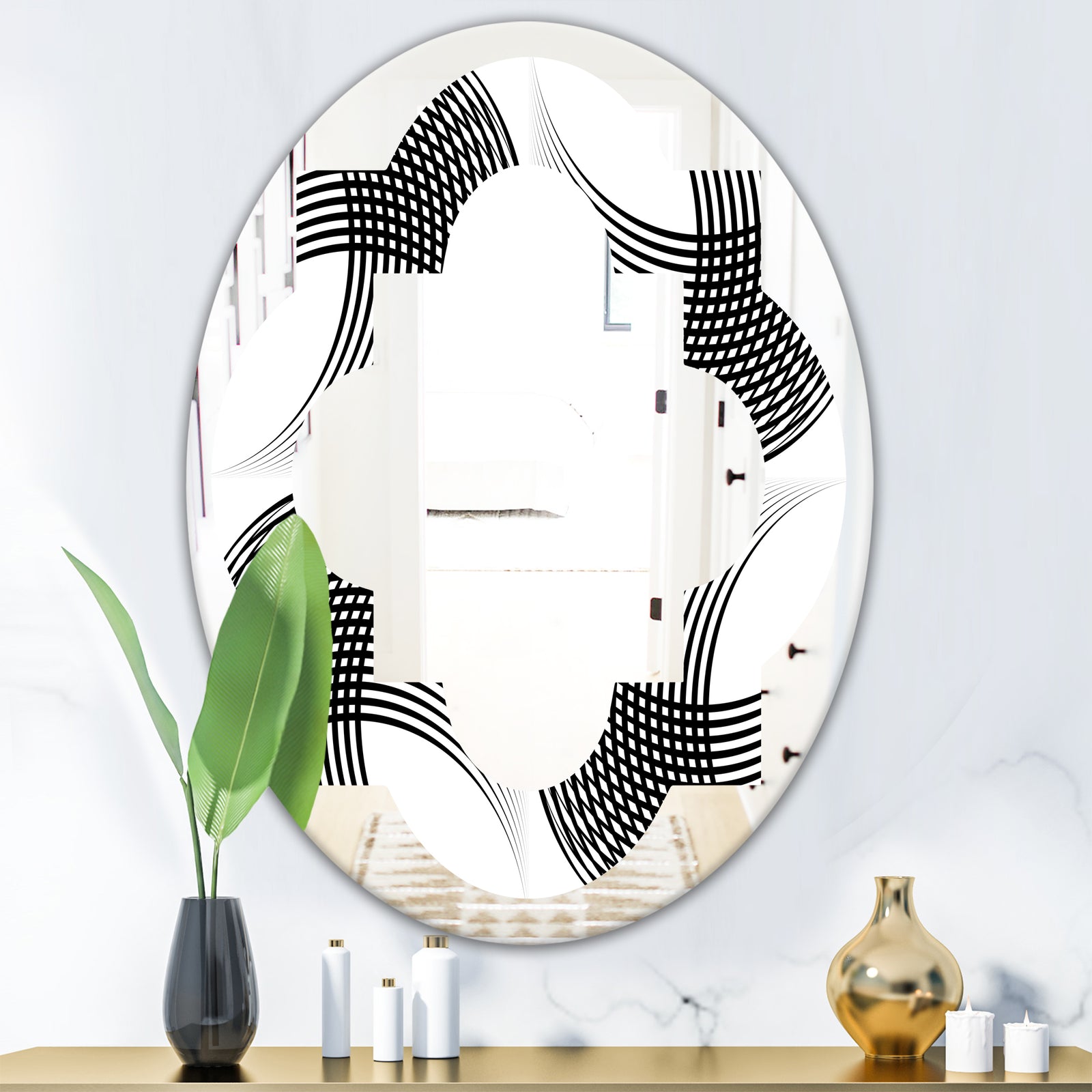 Monochrome Geometric Pattern IX - Modern Round or Oval Wall Mirror - Quatrefoil