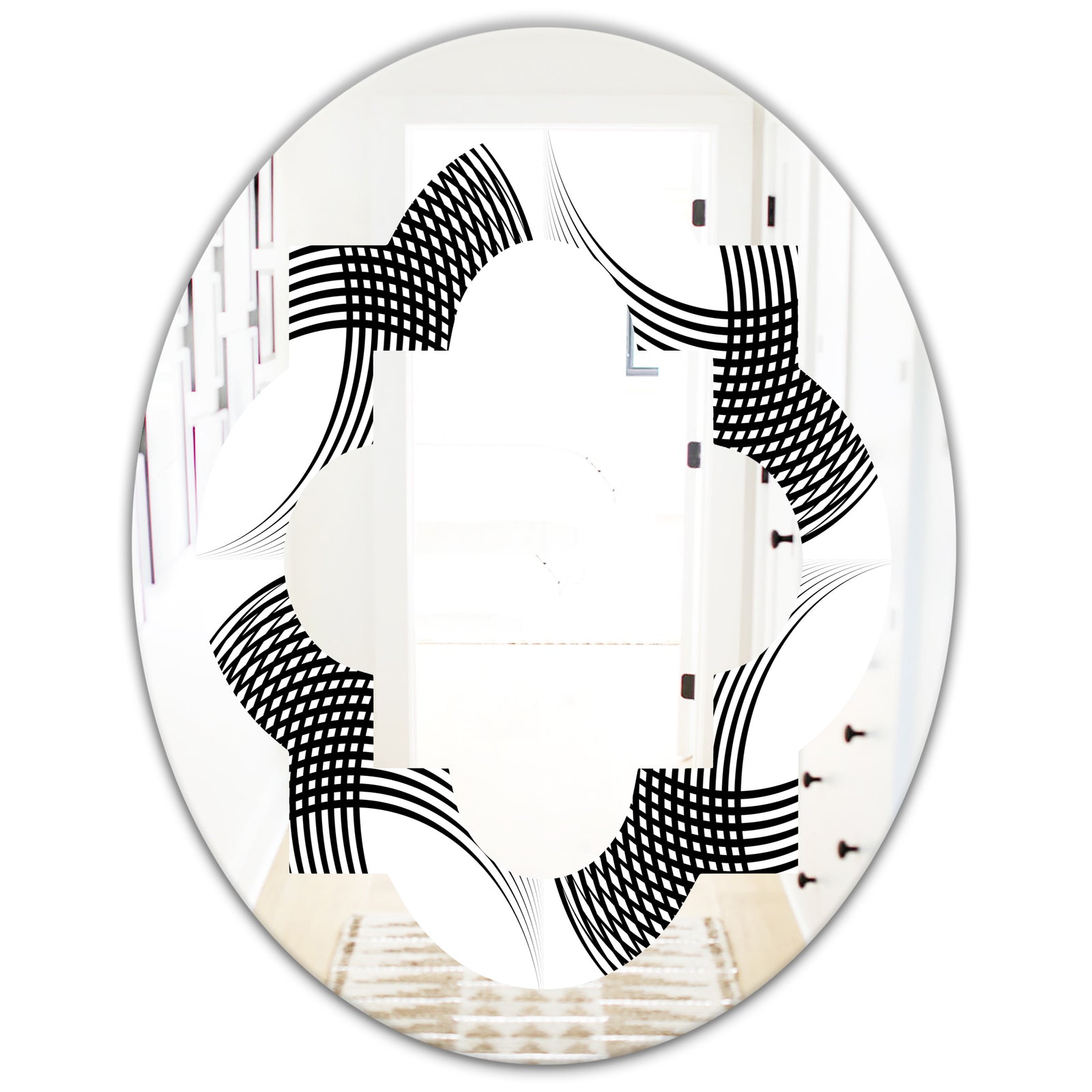 Monochrome Geometric Pattern IX - Modern Round or Oval Wall Mirror - Quatrefoil