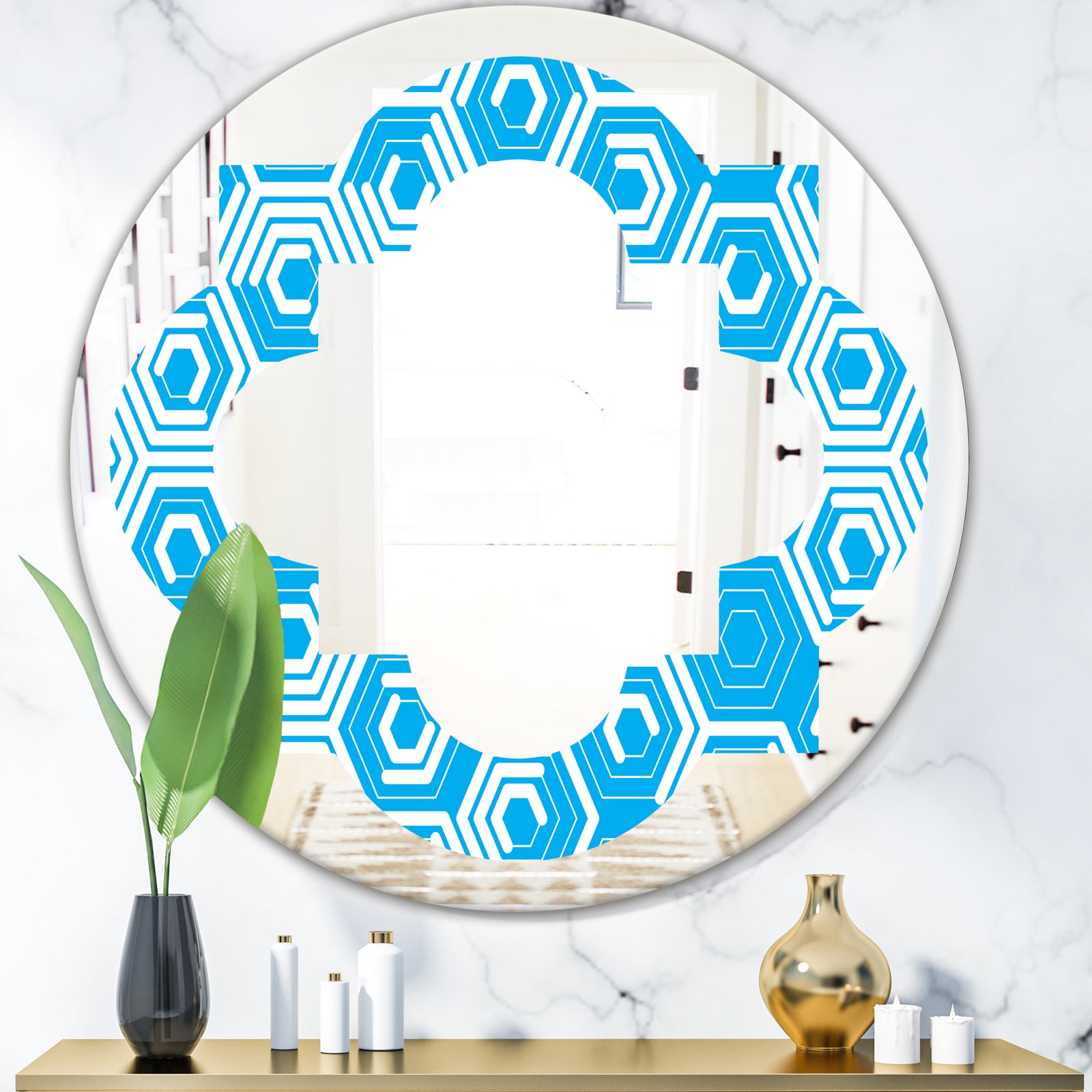 Retro Hexagon Pattern VII - Modern Round or Oval Wall Mirror - Quatrefoil