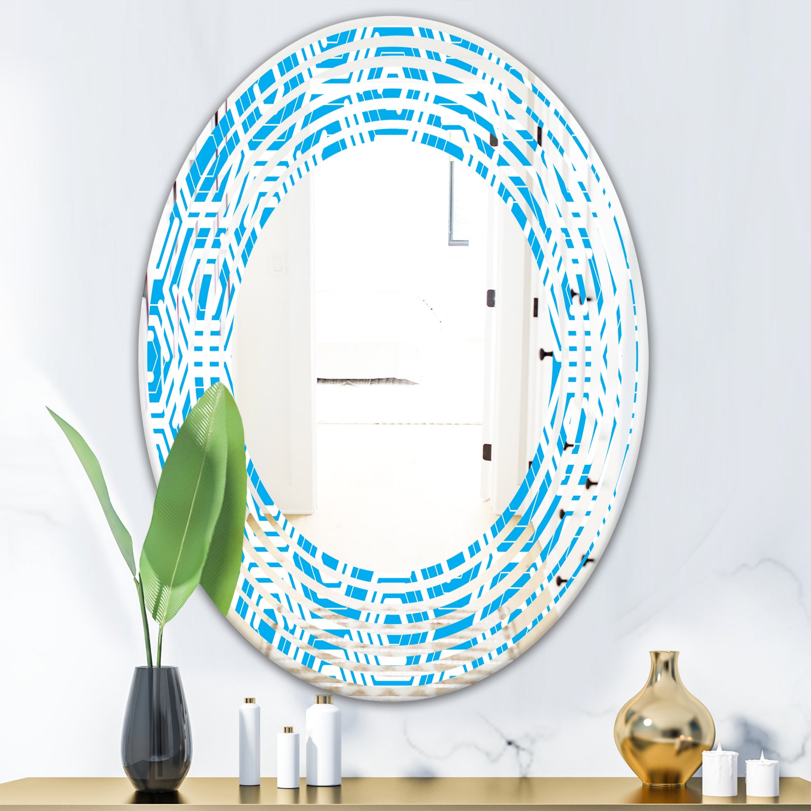 Retro Hexagon Pattern VII - Modern Round or Oval Wall Mirror - Wave