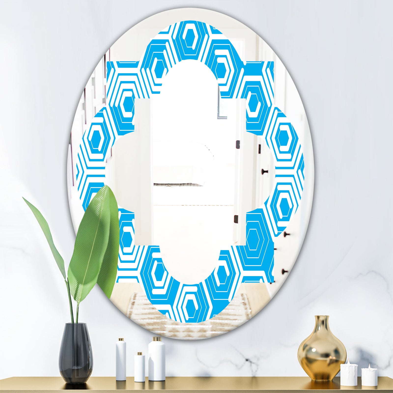 Retro Hexagon Pattern VII - Modern Round or Oval Wall Mirror - Quatrefoil