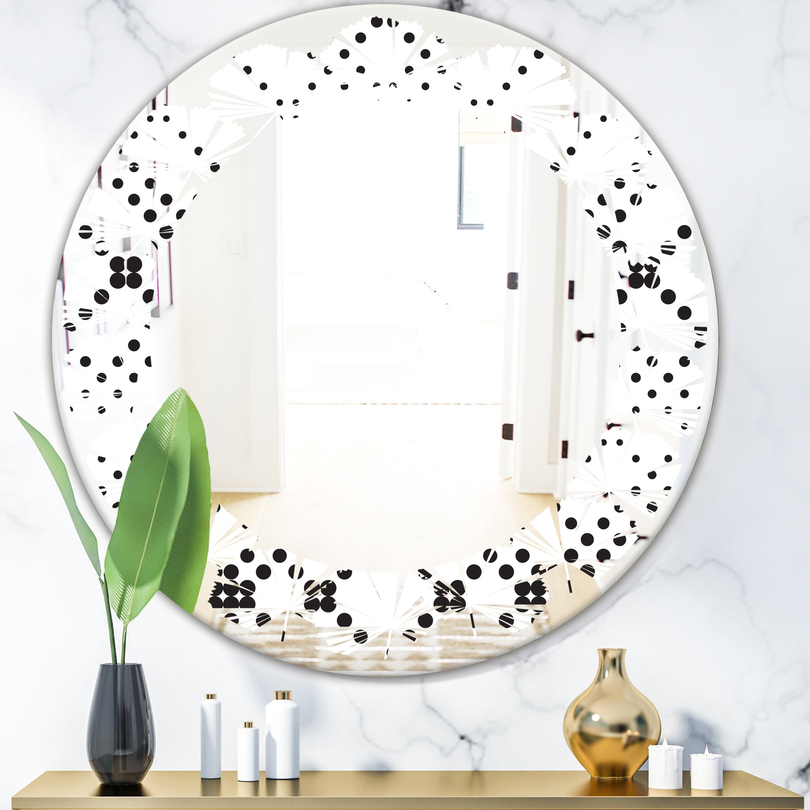 Retro Geometrical Abstract Minimal Pattern IX - Modern Round or Oval Wall Mirror - Leaves