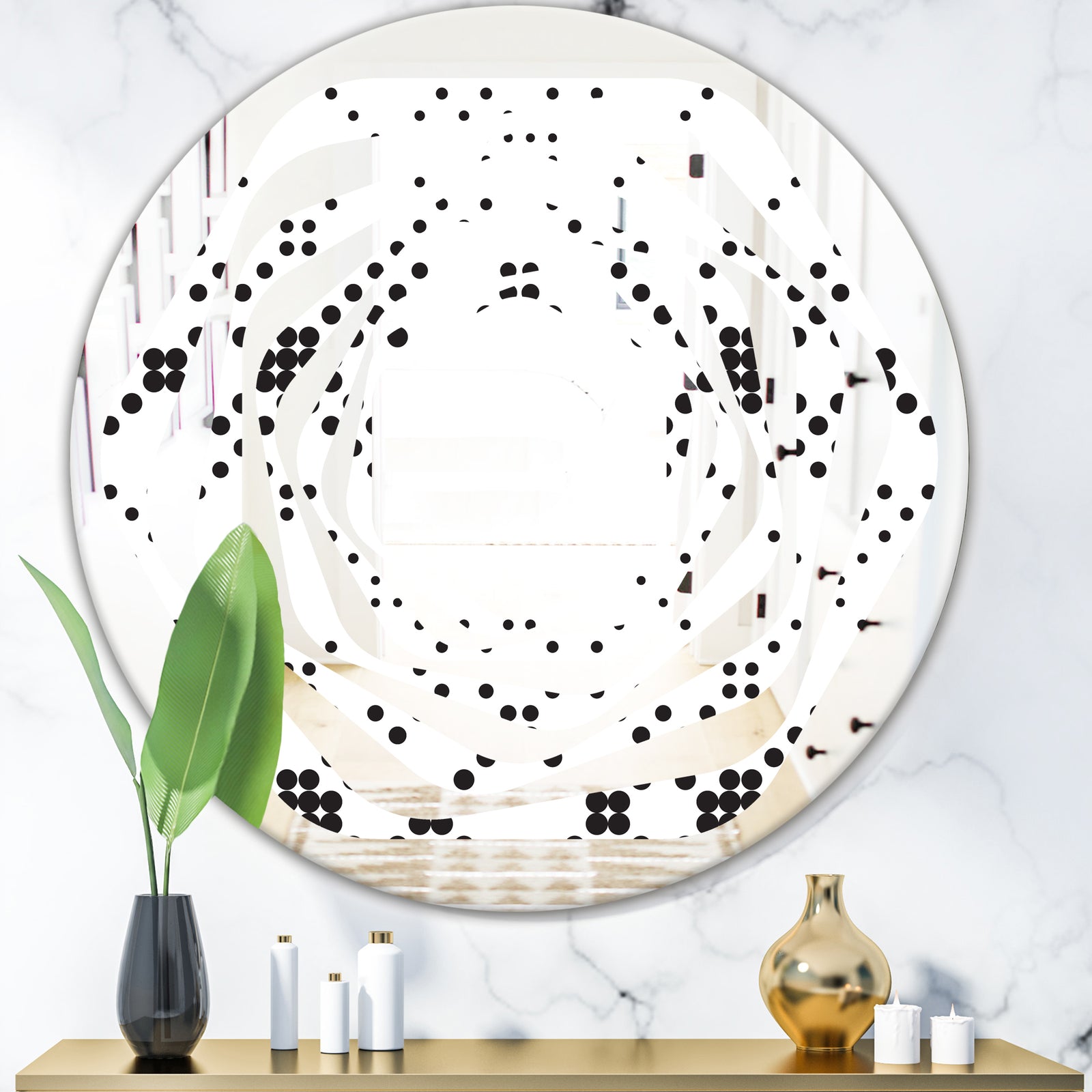 Retro Geometrical Abstract Minimal Pattern IX - Modern Round or Oval Wall Mirror - Whirl