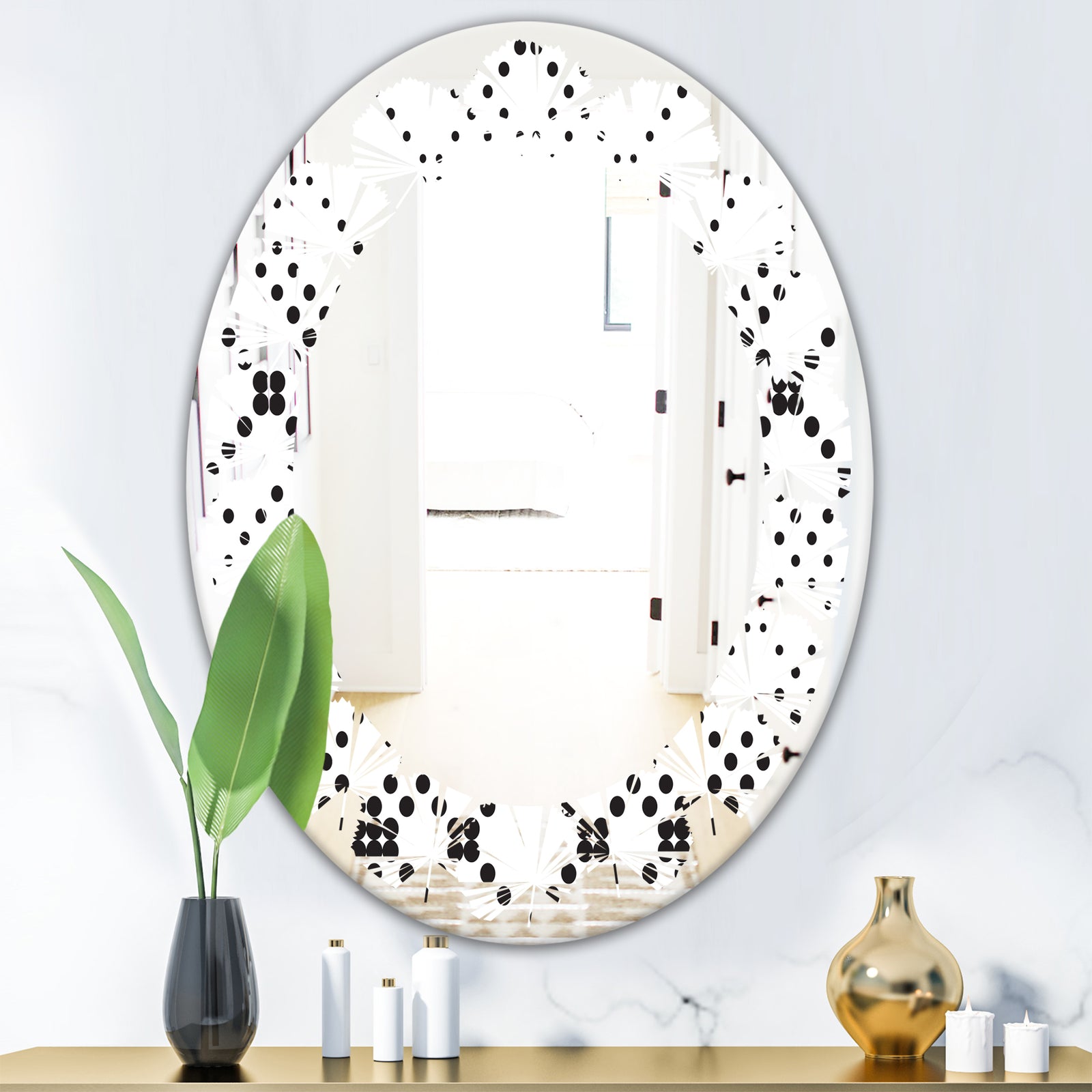 Retro Geometrical Abstract Minimal Pattern IX - Modern Round or Oval Wall Mirror - Leaves