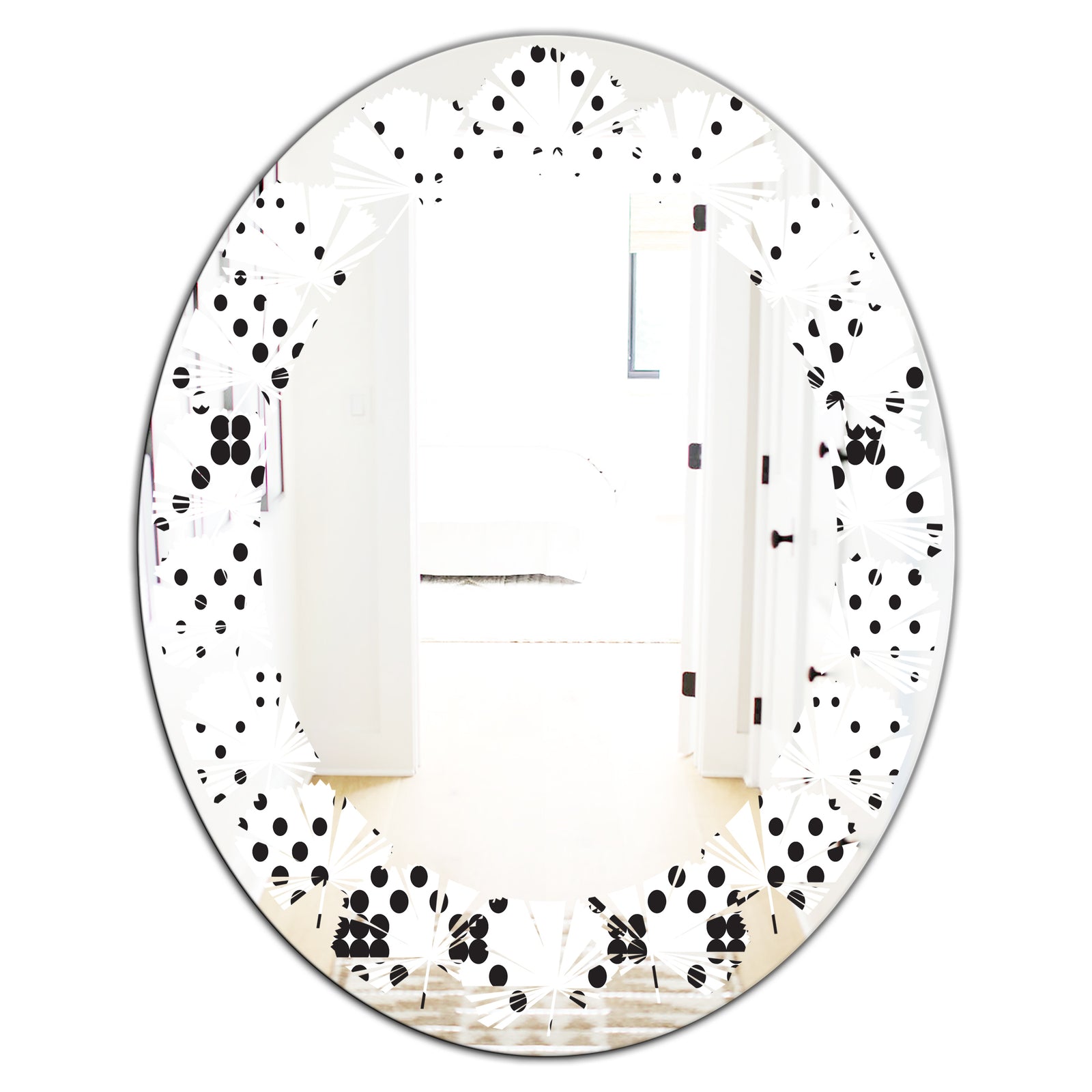 Retro Geometrical Abstract Minimal Pattern IX - Modern Round or Oval Wall Mirror - Leaves