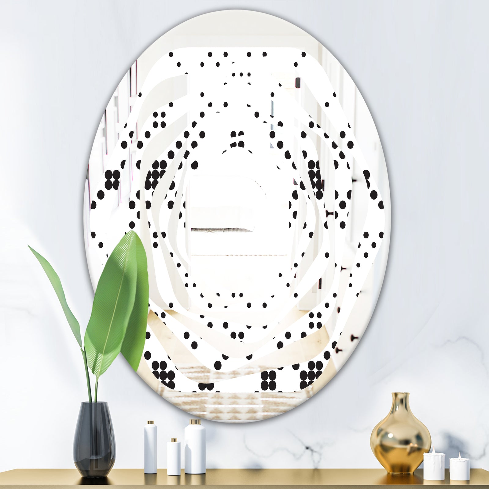 Retro Geometrical Abstract Minimal Pattern IX - Modern Round or Oval Wall Mirror - Whirl