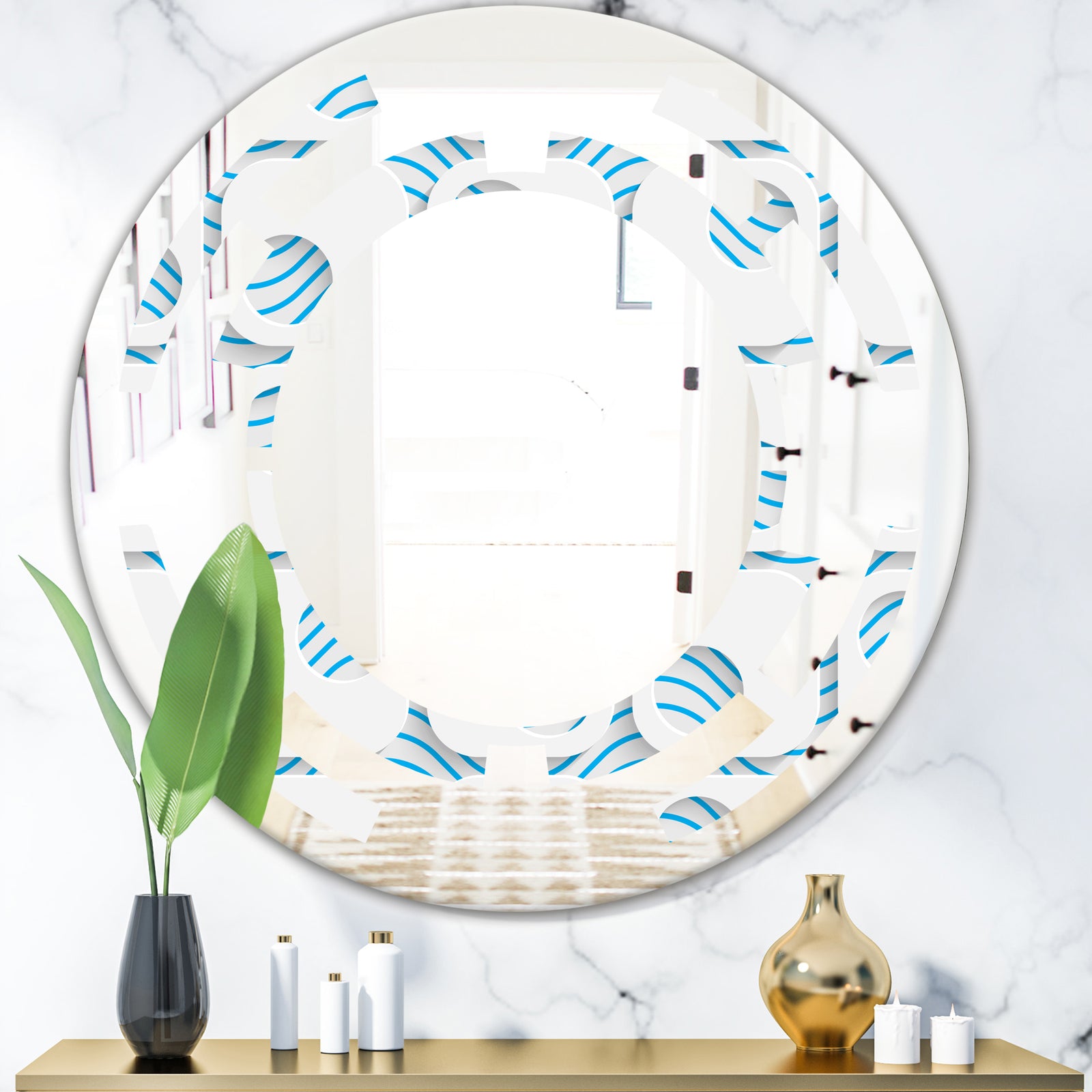 3D White and Blue Pattern III - Modern Round or Oval Wall Mirror - Space