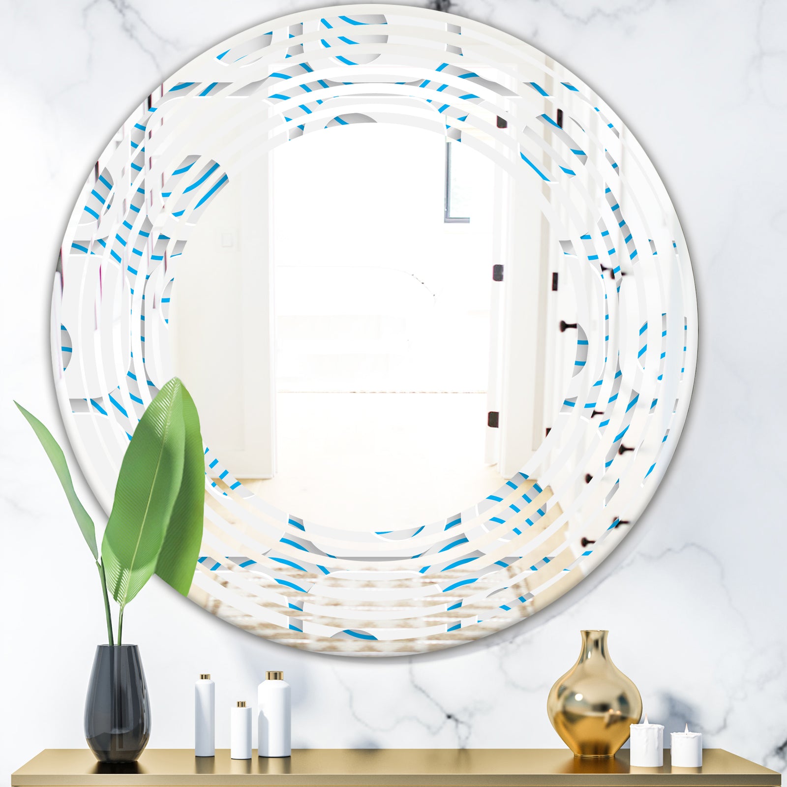 3D White and Blue Pattern III - Modern Round or Oval Wall Mirror - Wave