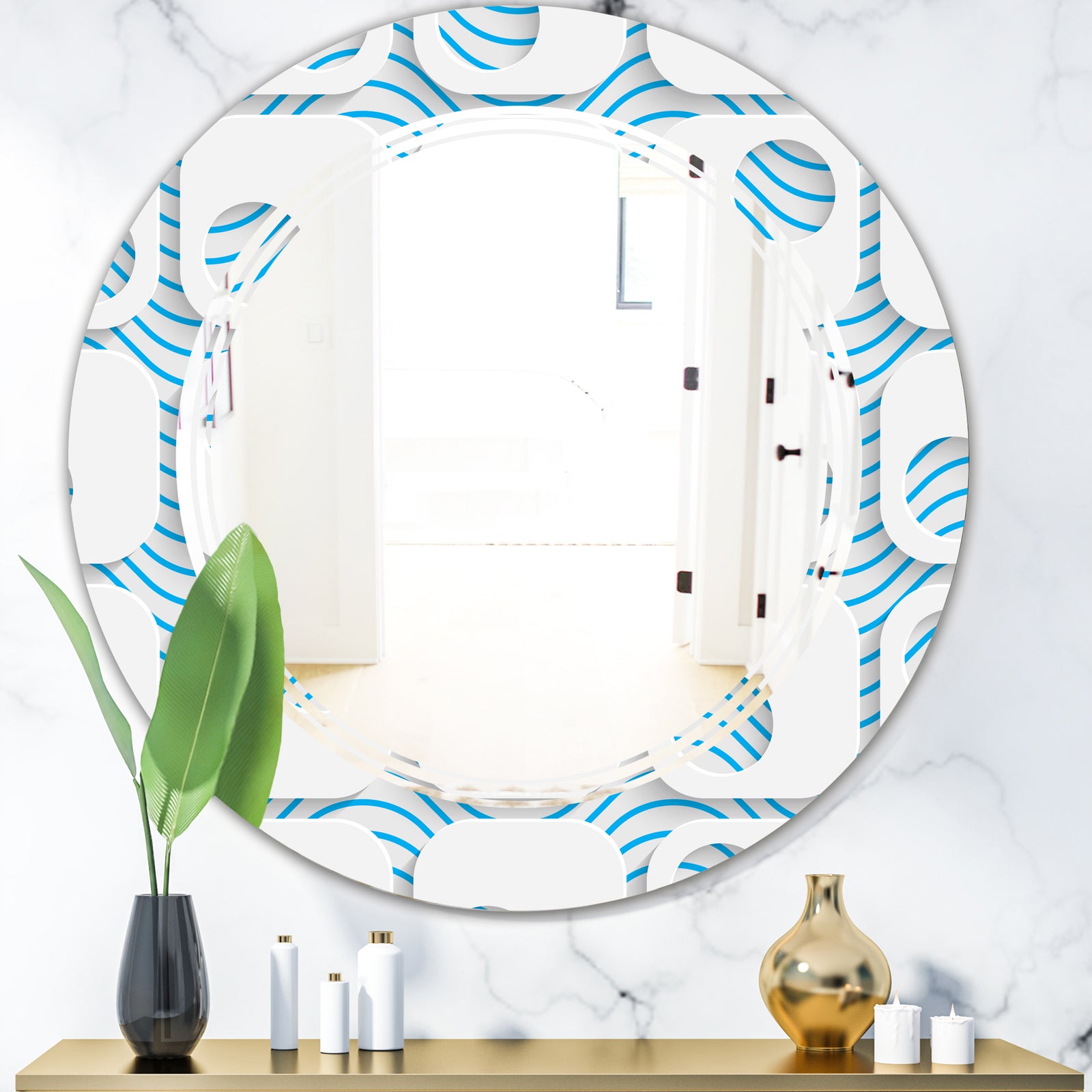 3D White and Blue Pattern III - Modern Round or Oval Wall Mirror - Triple C