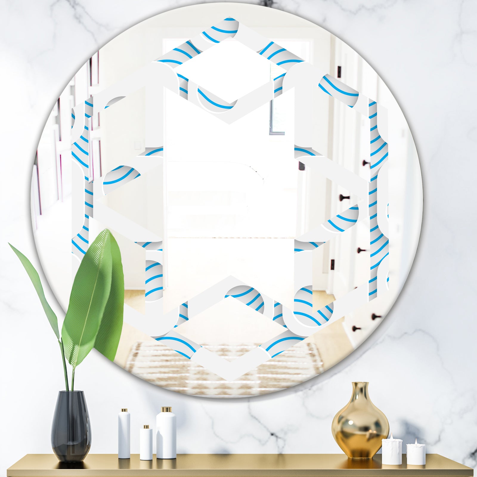 3D White and Blue Pattern III - Modern Round or Oval Wall Mirror - Hexagon Star
