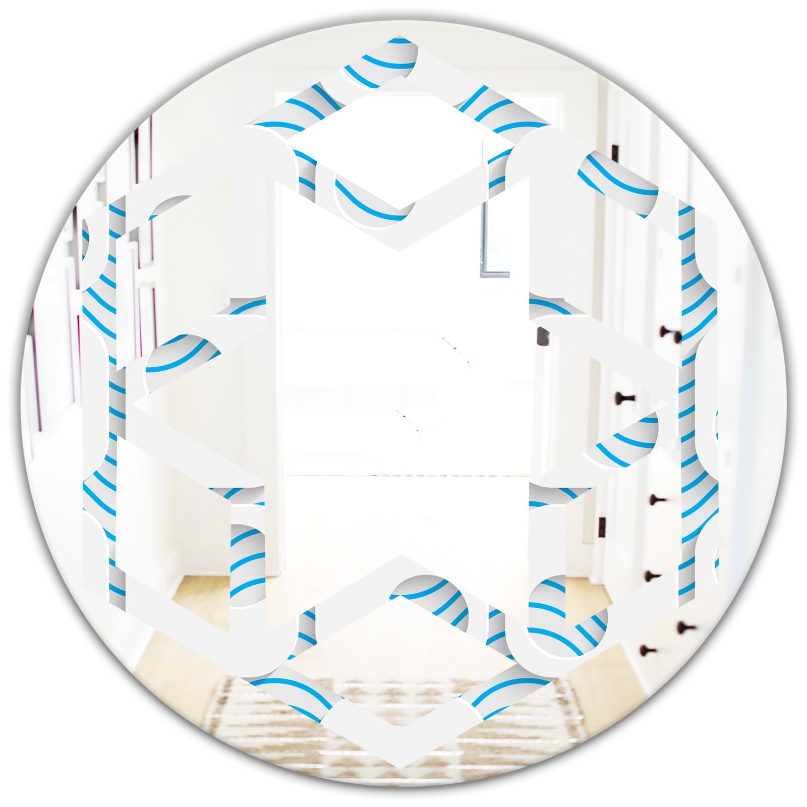 3D White and Blue Pattern III - Modern Round or Oval Wall Mirror - Hexagon Star