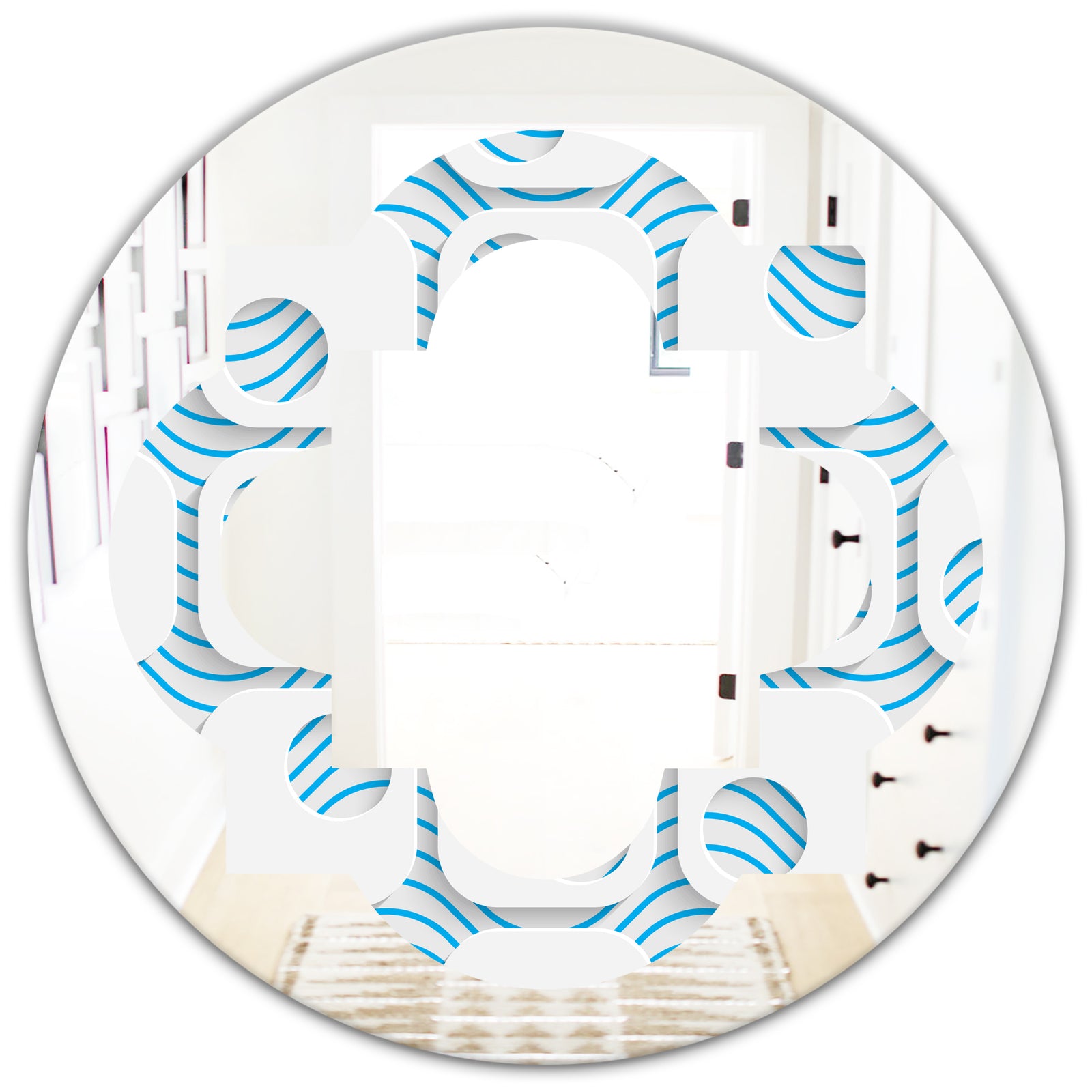 3D White and Blue Pattern III - Modern Round or Oval Wall Mirror - Quatrefoil