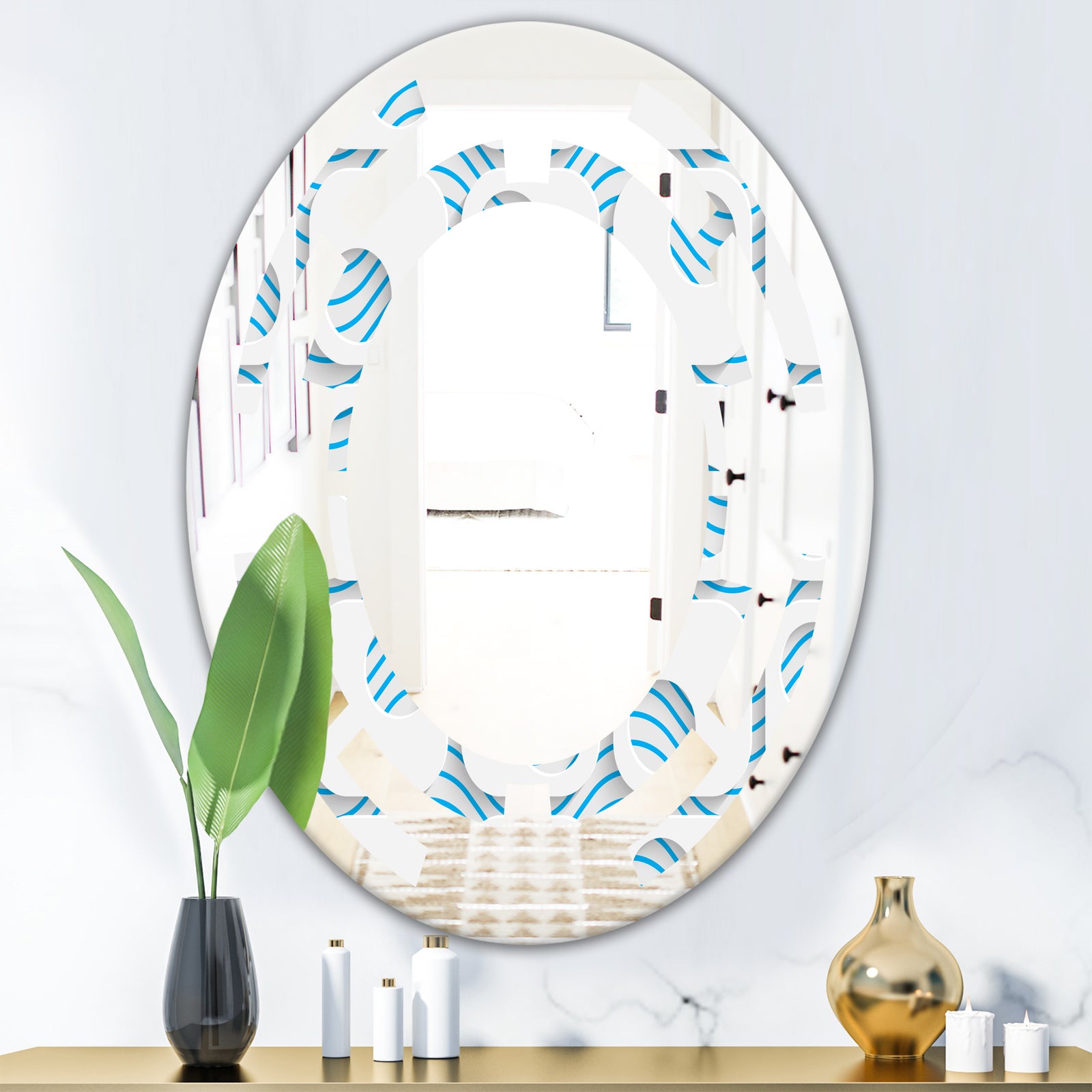 3D White and Blue Pattern III - Modern Round or Oval Wall Mirror - Space