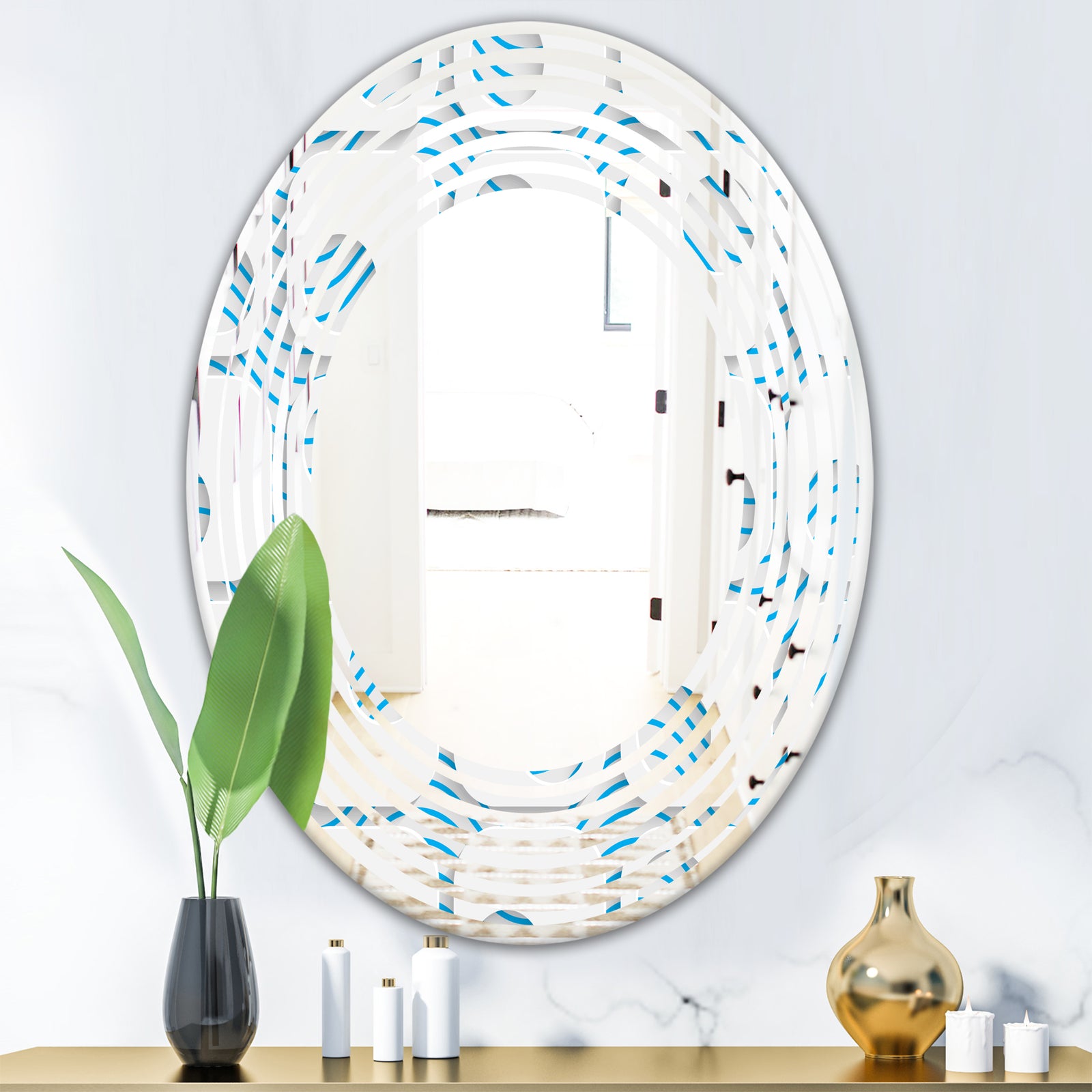 3D White and Blue Pattern III - Modern Round or Oval Wall Mirror - Wave
