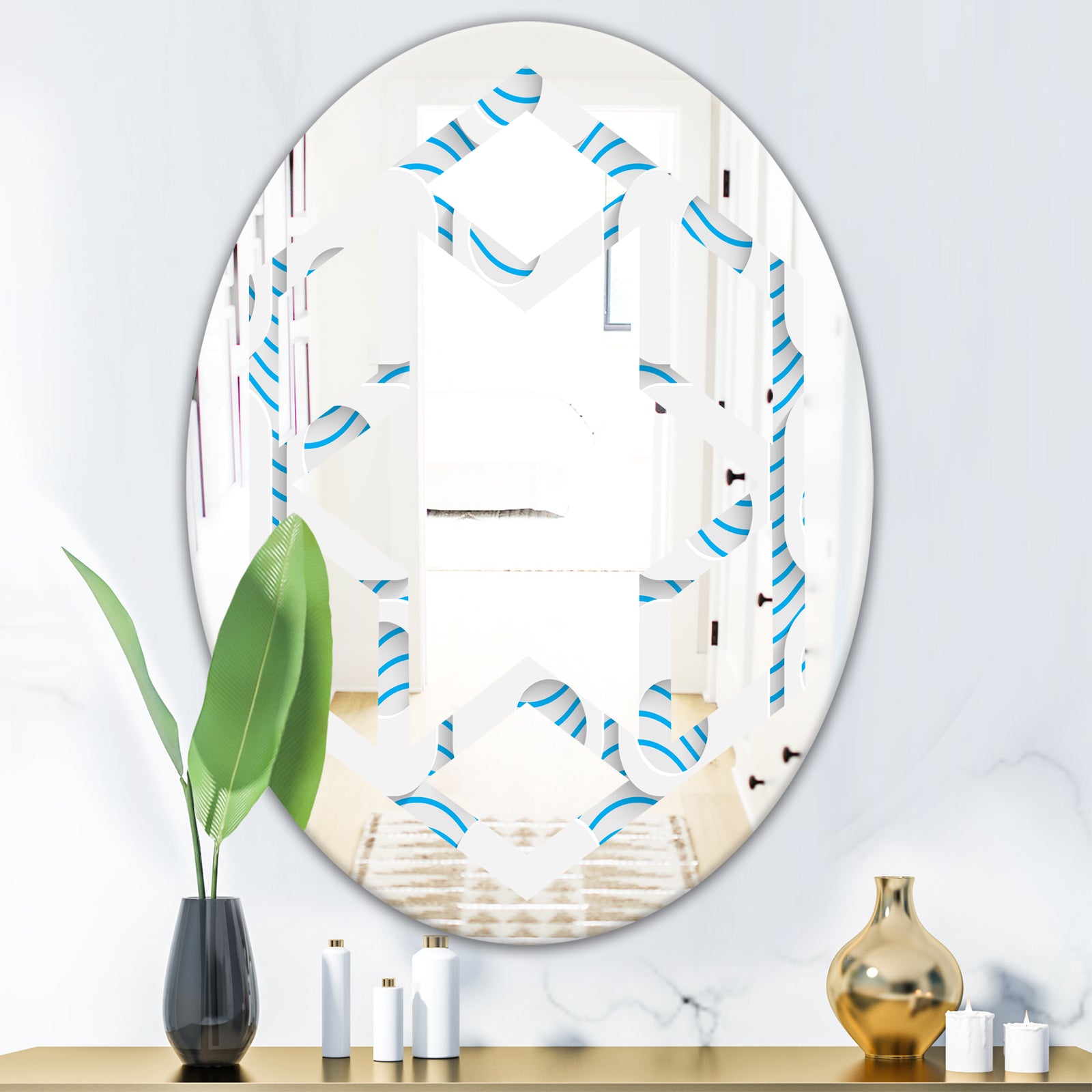3D White and Blue Pattern III - Modern Round or Oval Wall Mirror - Hexagon Star