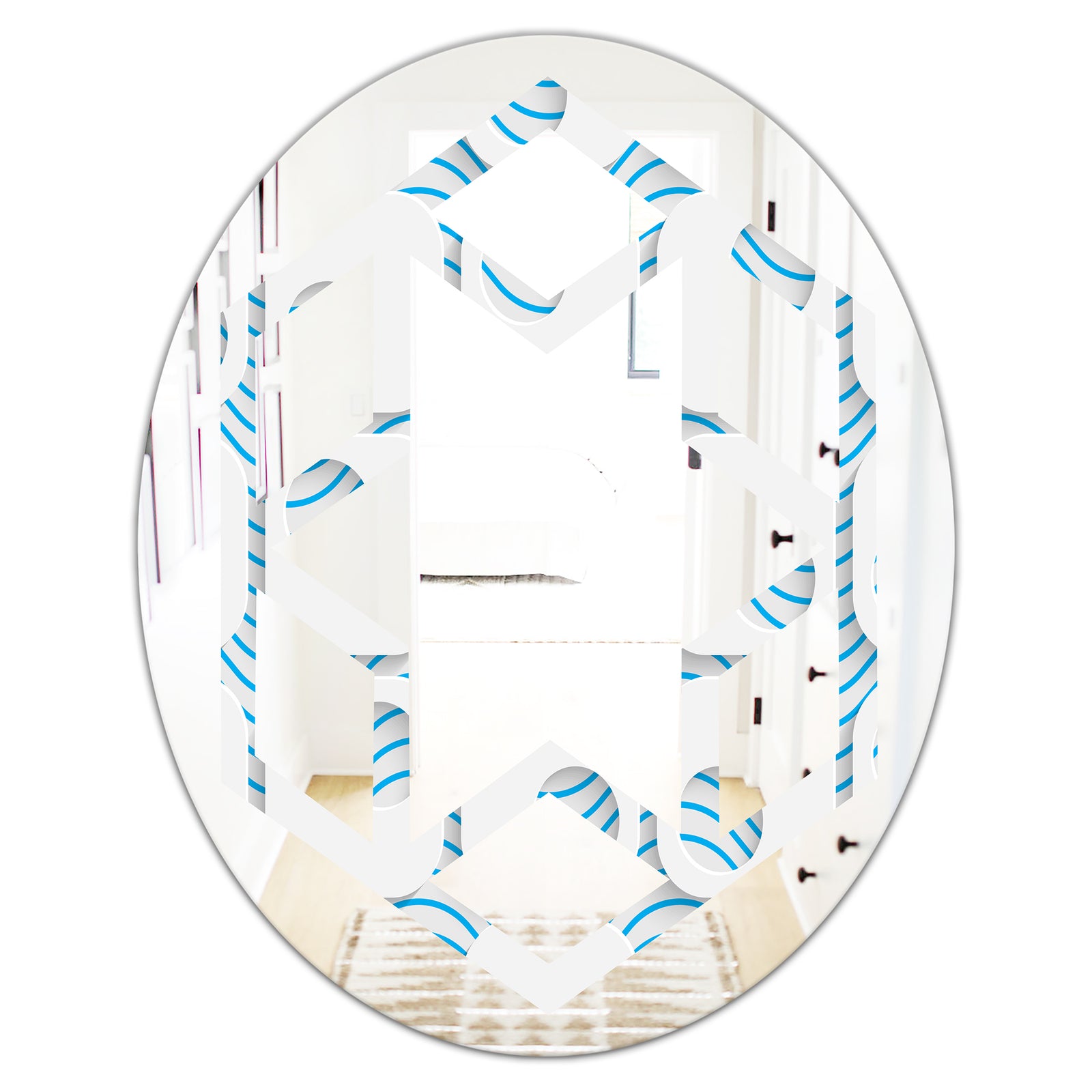3D White and Blue Pattern III - Modern Round or Oval Wall Mirror - Hexagon Star