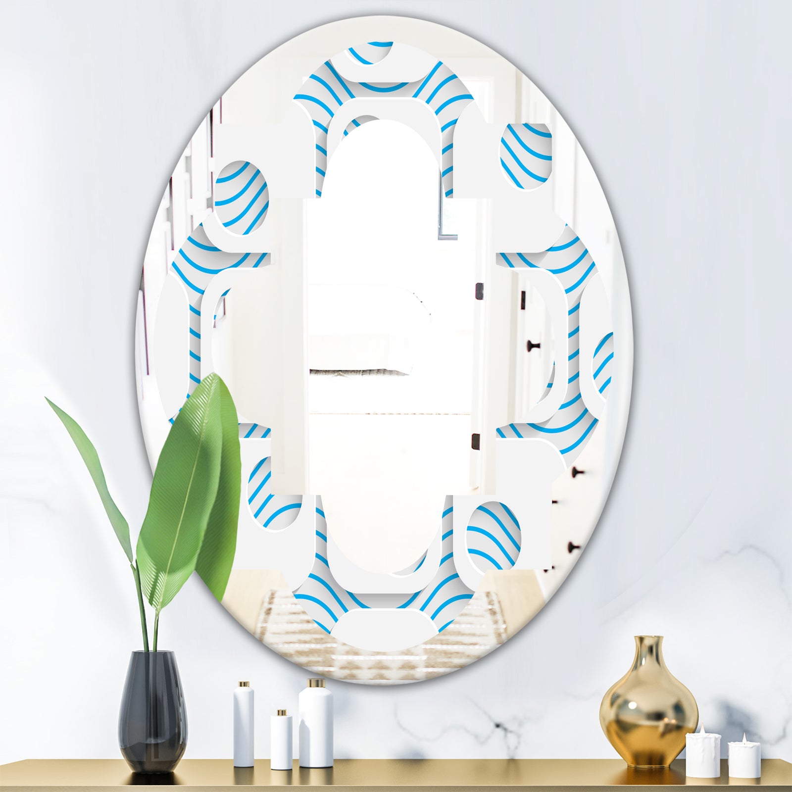 3D White and Blue Pattern III - Modern Round or Oval Wall Mirror - Quatrefoil