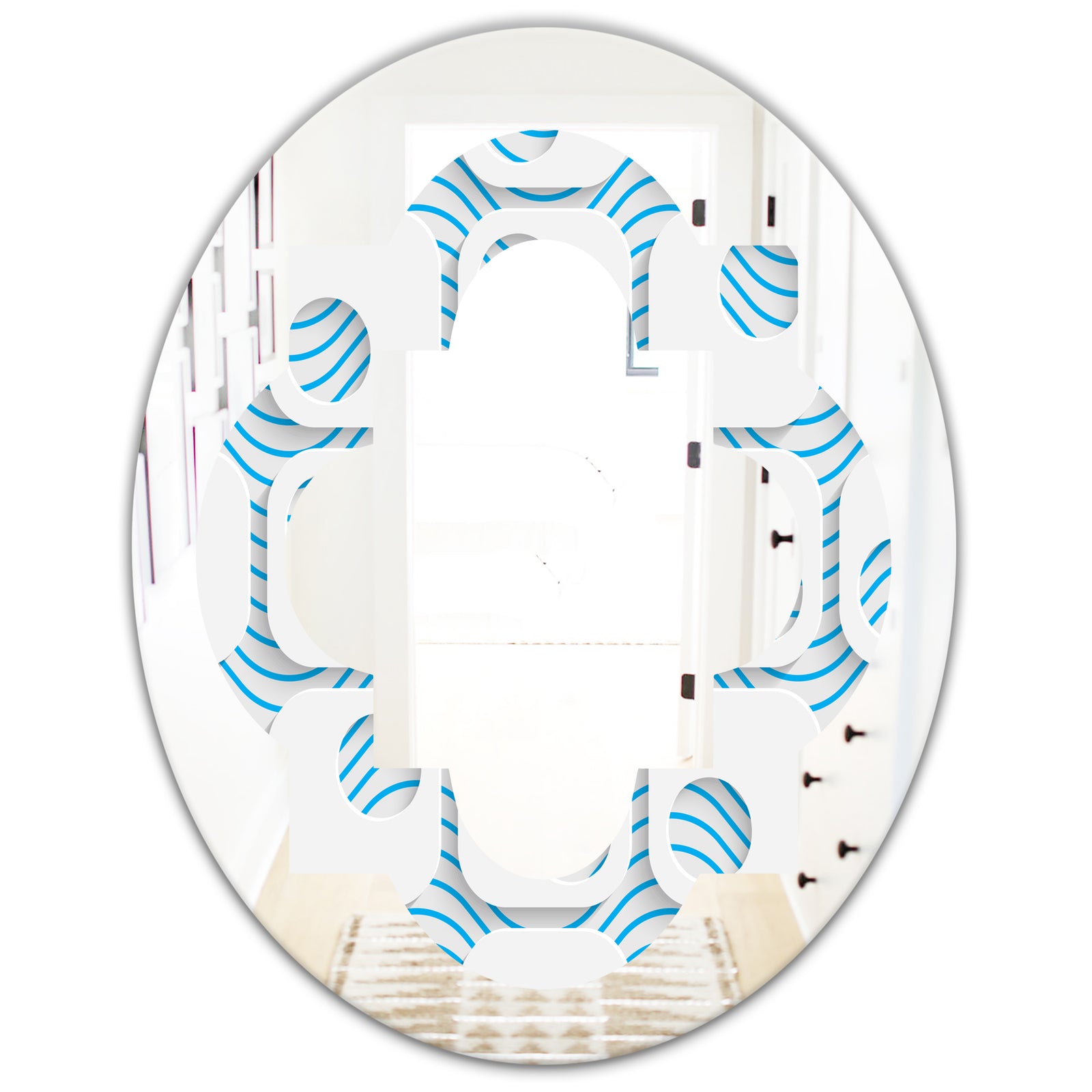 3D White and Blue Pattern III - Modern Round or Oval Wall Mirror - Quatrefoil