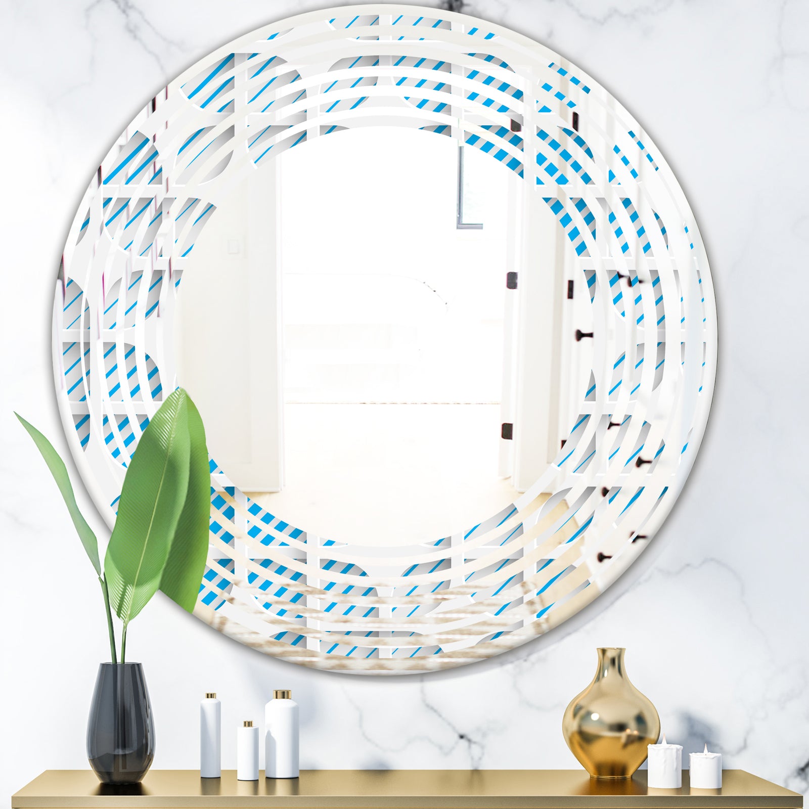 3D White and Blue Pattern II - Modern Round or Oval Wall Mirror - Wave