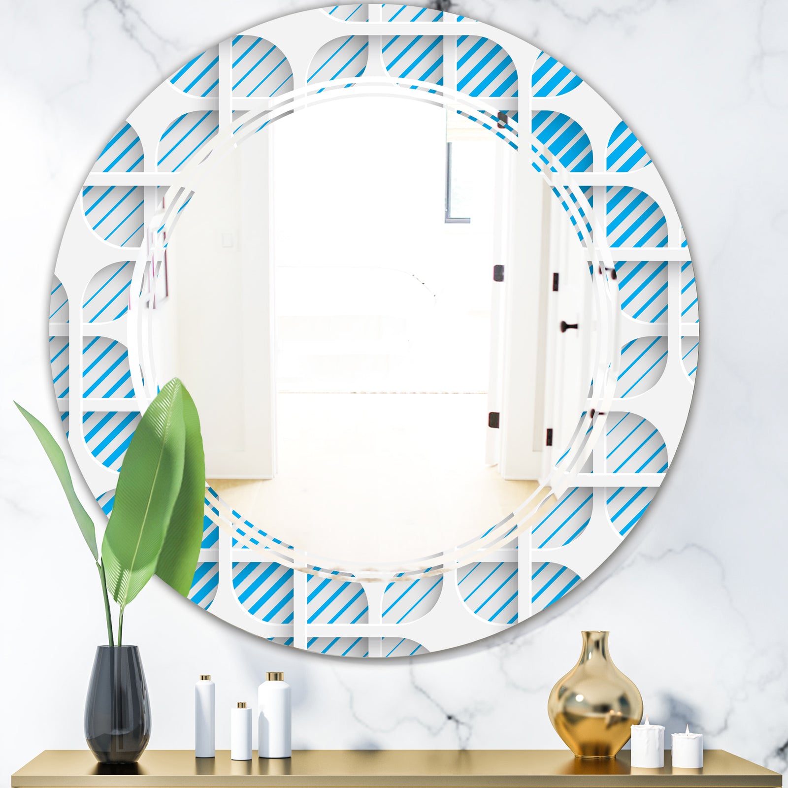 3D White and Blue Pattern II - Modern Round or Oval Wall Mirror - Triple C