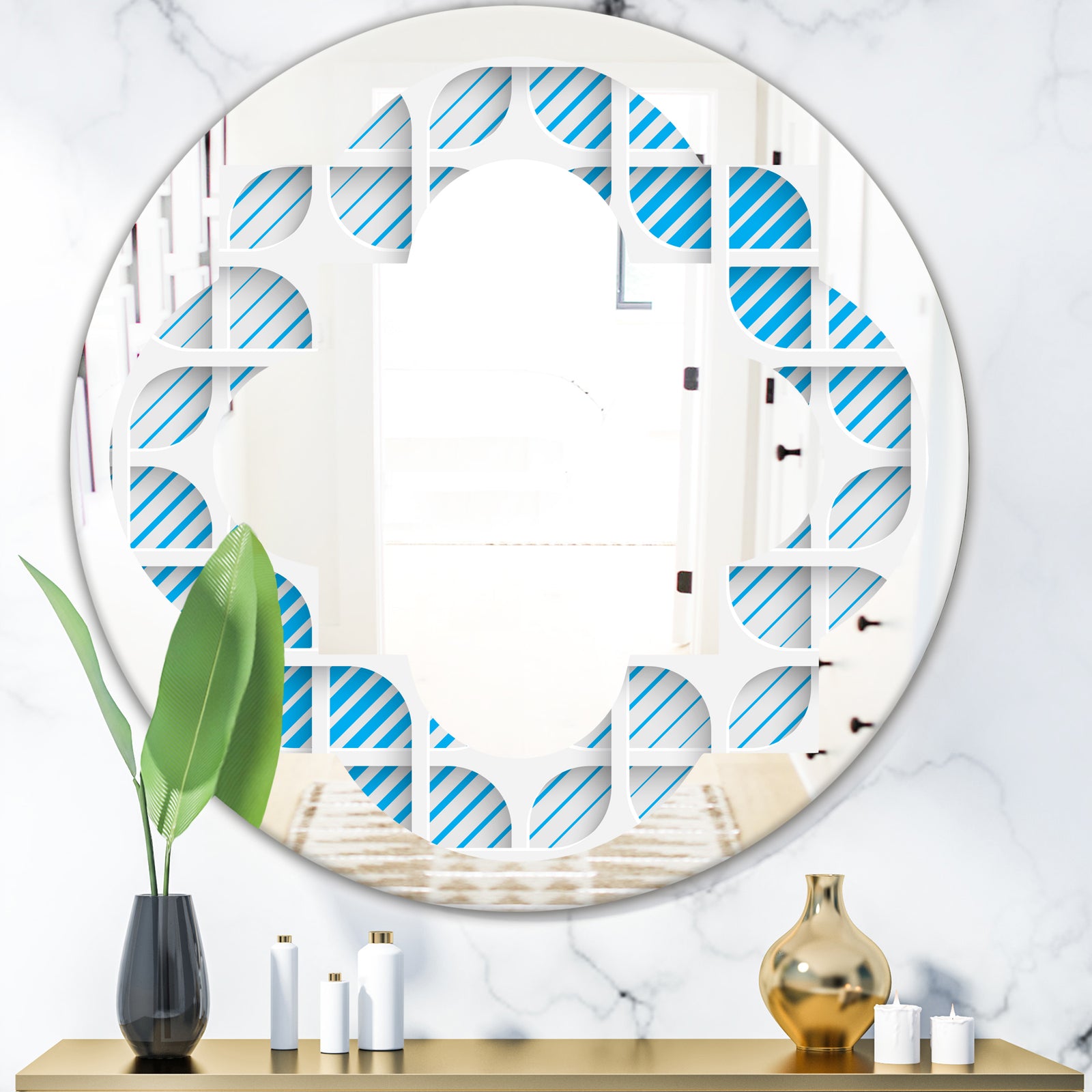 3D White and Blue Pattern II - Modern Round or Oval Wall Mirror - Quatrefoil