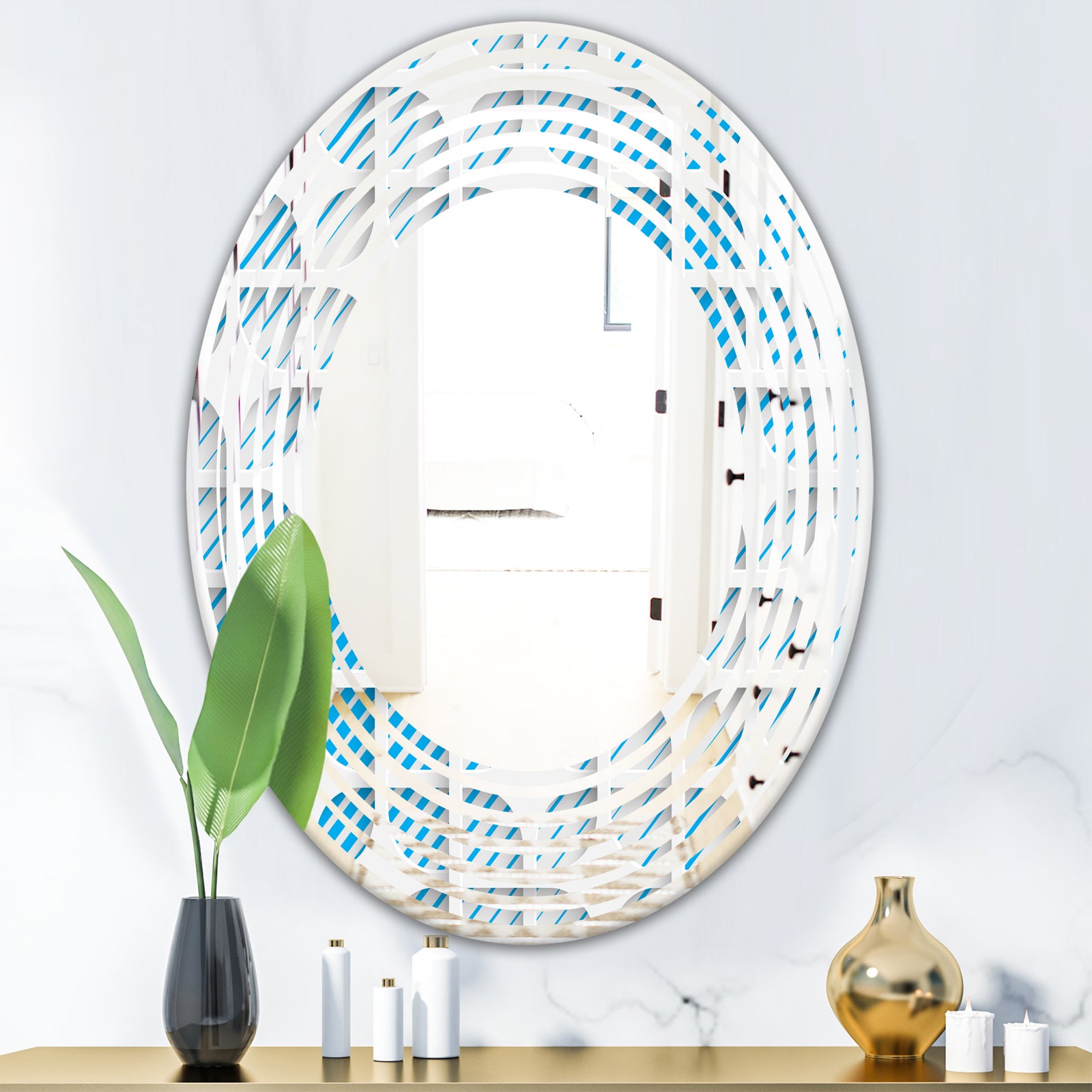 3D White and Blue Pattern II - Modern Round or Oval Wall Mirror - Wave