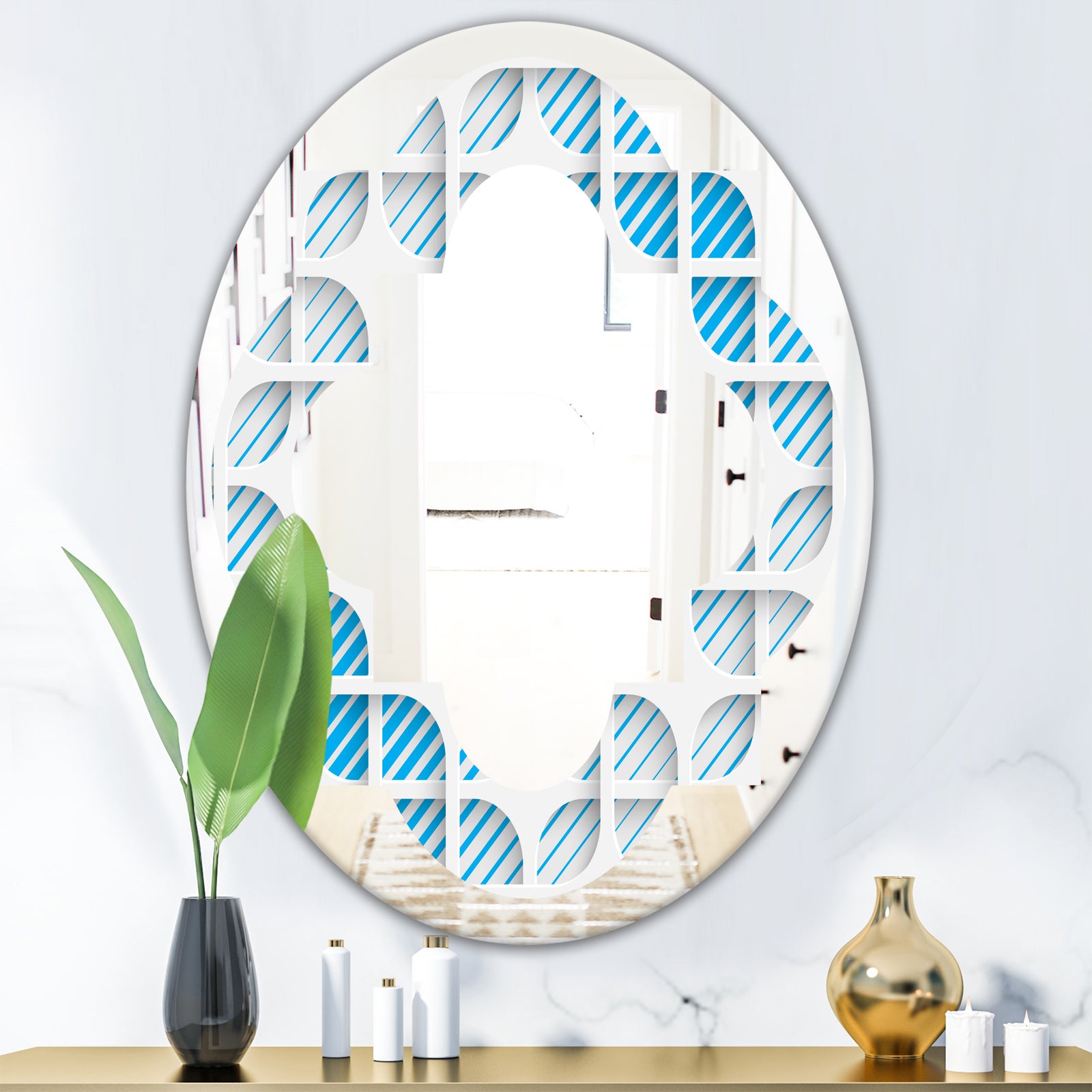 3D White and Blue Pattern II - Modern Round or Oval Wall Mirror - Quatrefoil