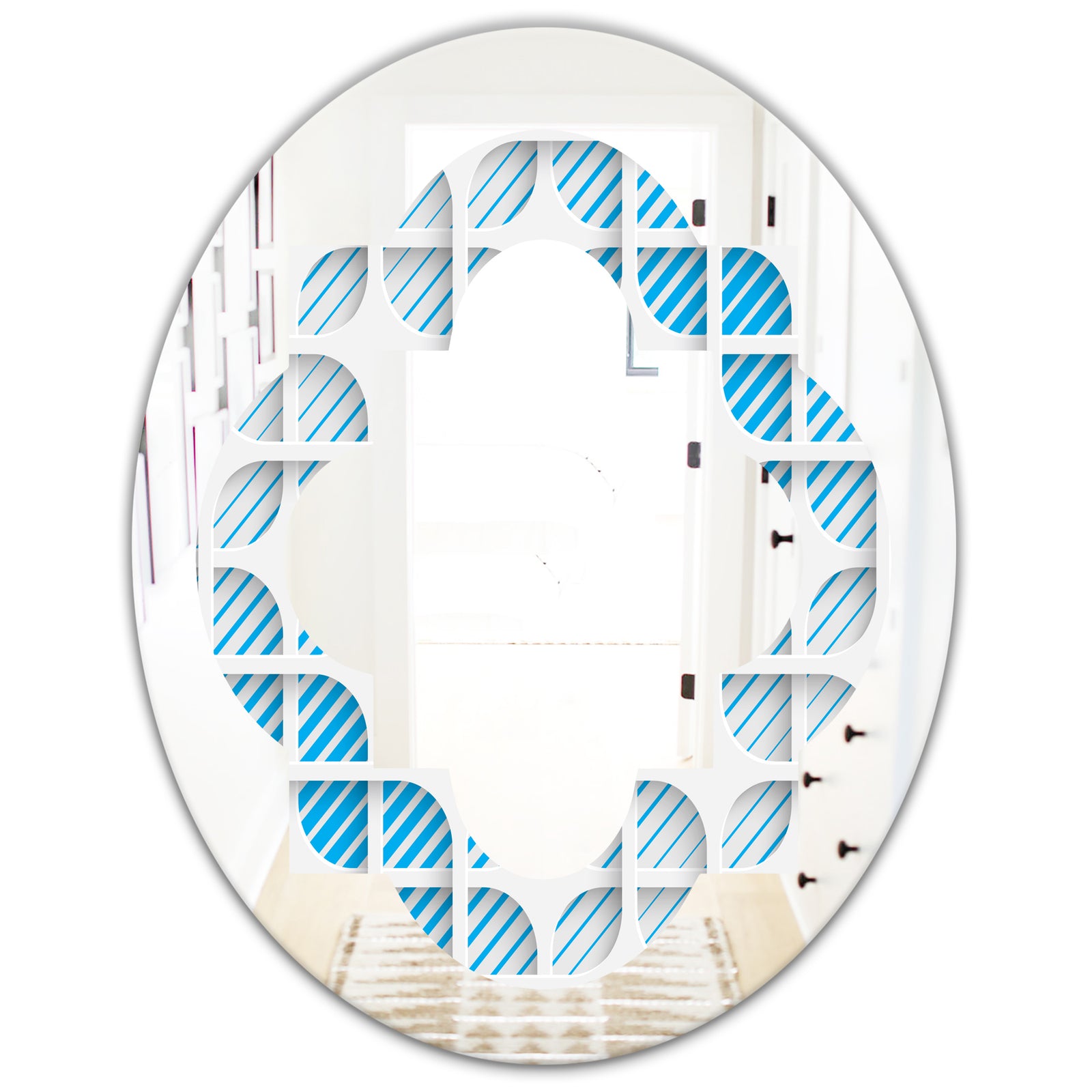 3D White and Blue Pattern II - Modern Round or Oval Wall Mirror - Quatrefoil
