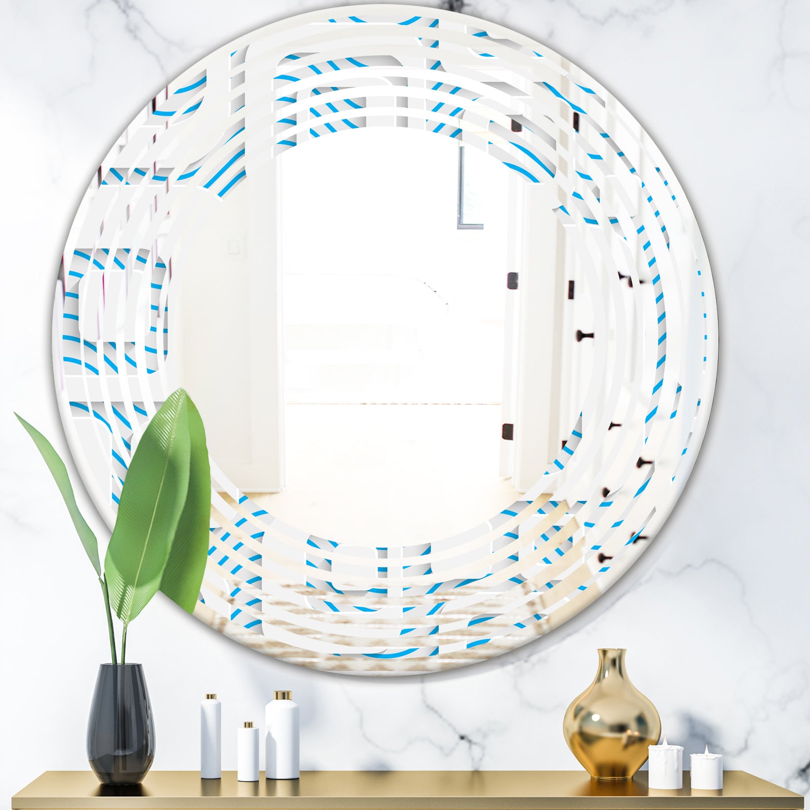 3D White and Blue Pattern I - Modern Round or Oval Wall Mirror - Wave