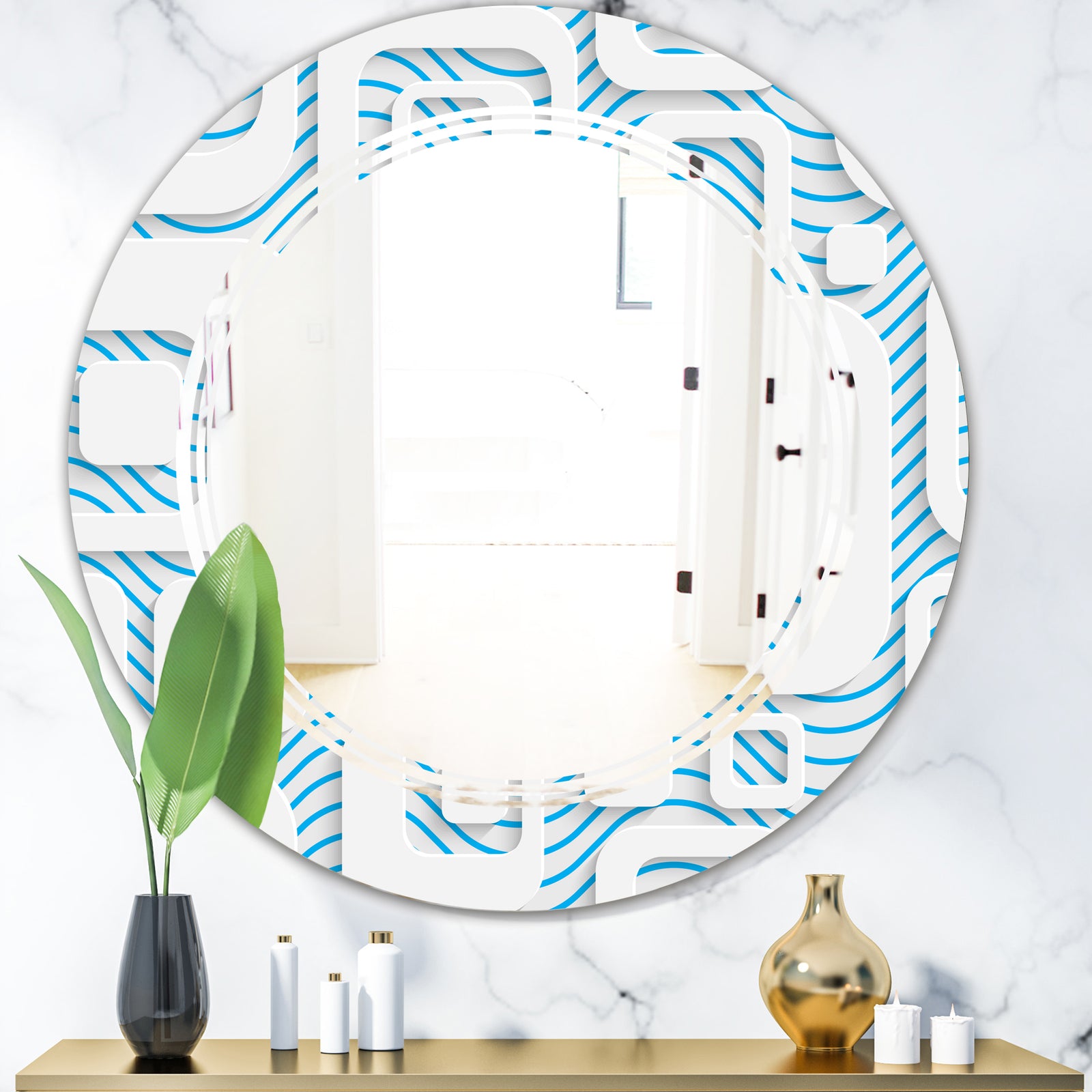 3D White and Blue Pattern I - Modern Round or Oval Wall Mirror - Triple C